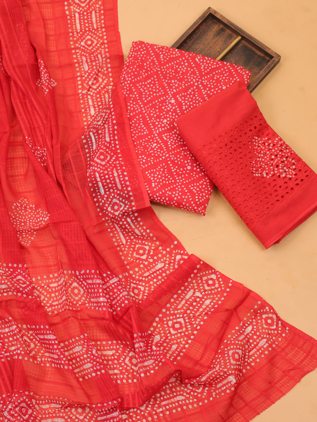 Red Cotton Dress Material With Bandhini Prints & Embroidery Work and Bottom & Dupatta