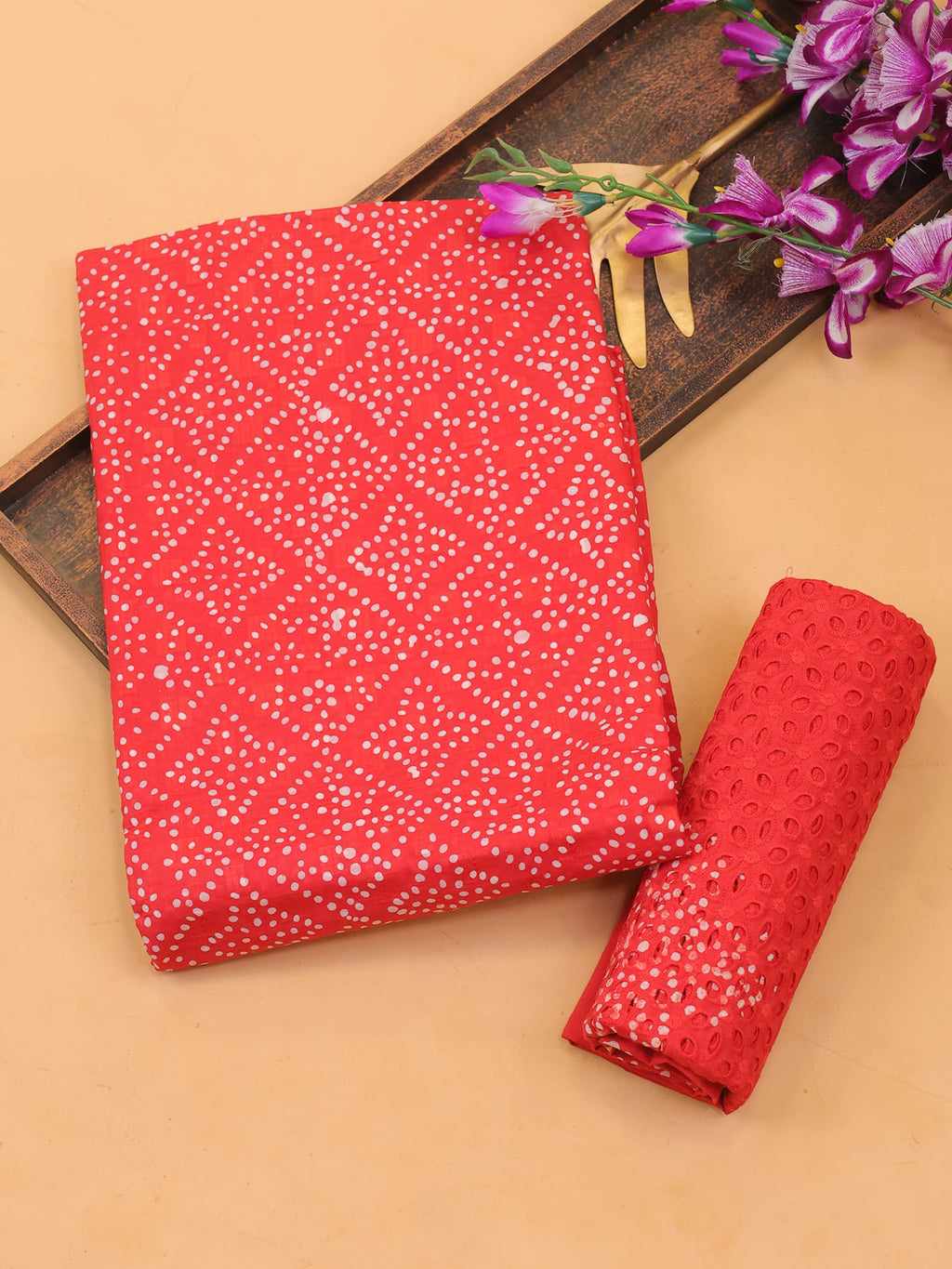 Red Cotton Dress Material With Bandhini Prints & Embroidery Work and Bottom & Dupatta