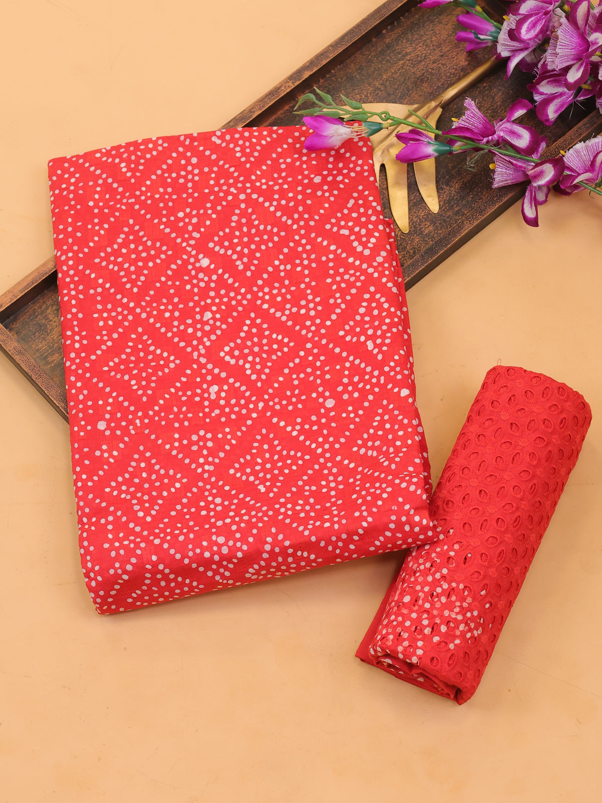 Red Cotton Dress Material With Bandhini Prints & Embroidery Work and Bottom & Dupatta