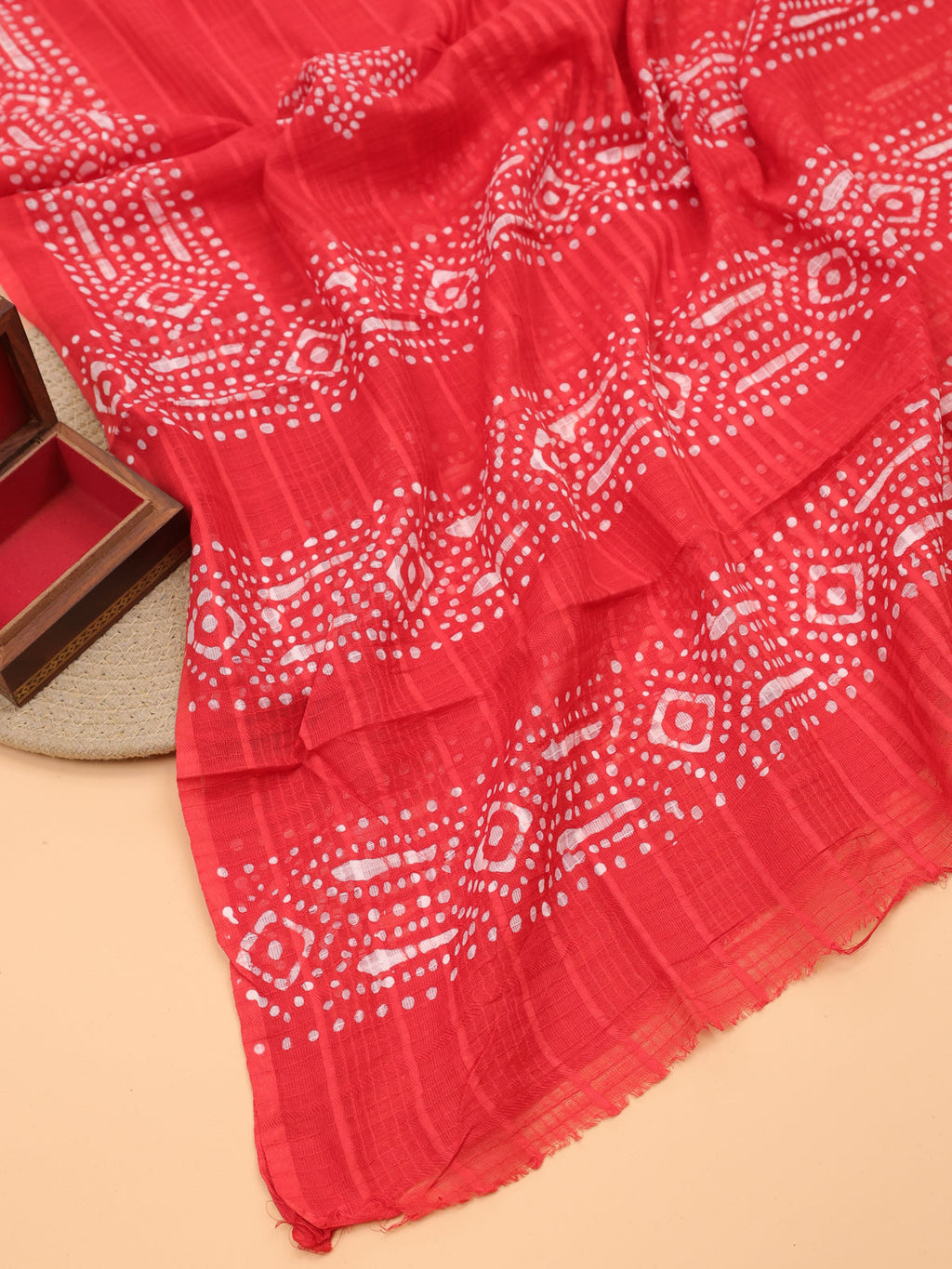 Red Cotton Dress Material With Bandhini Prints & Embroidery Work and Bottom & Dupatta