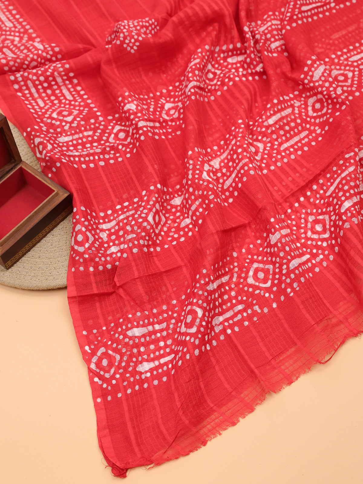 Red Cotton Dress Material With Bandhini Prints & Embroidery Work and Bottom & Dupatta
