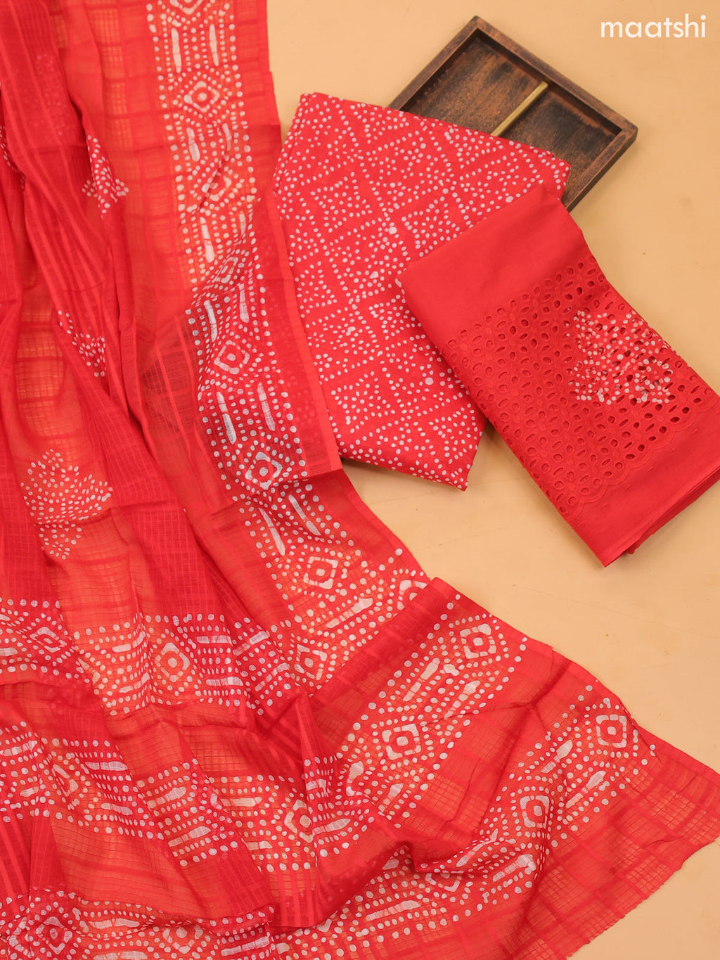 Red Cotton Dress Material With Bandhini Prints & Embroidery Work and Bottom & Dupatta