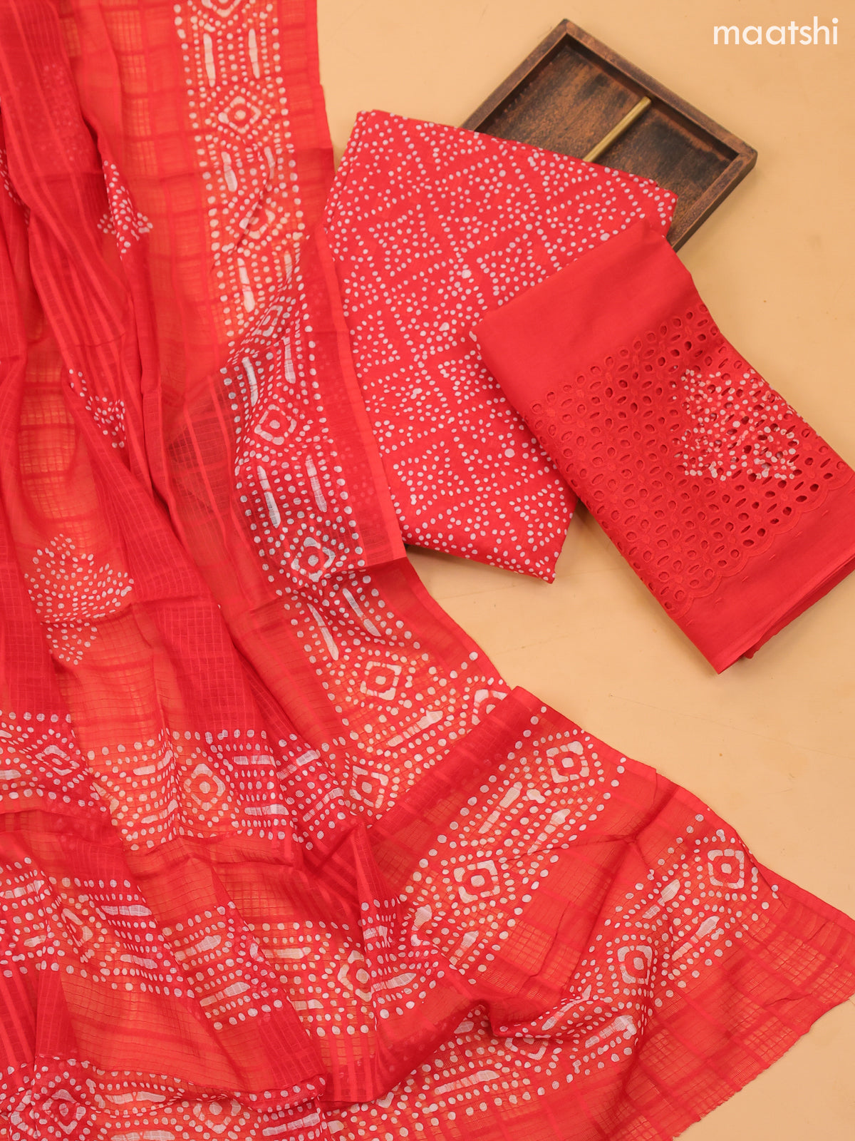 Red Cotton Dress Material With Bandhini Prints & Embroidery Work and Bottom & Dupatta