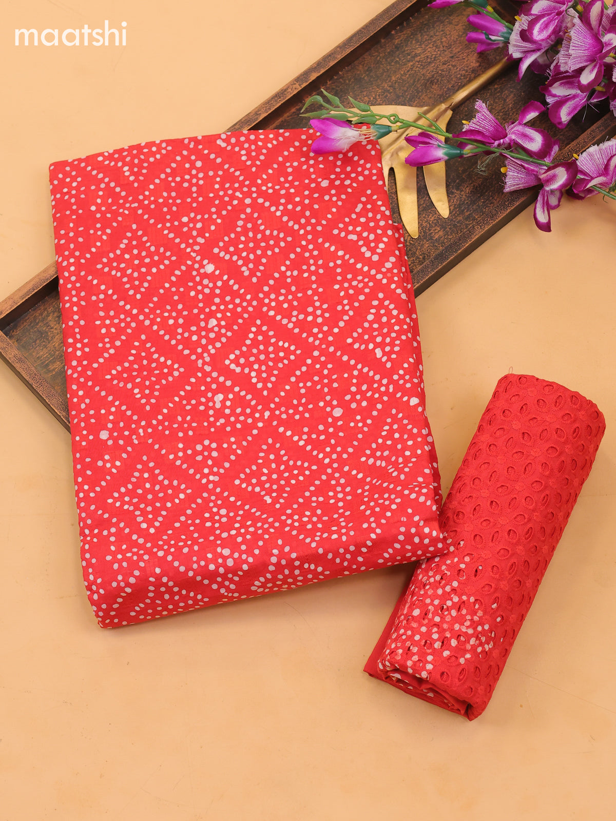 Red Cotton Dress Material With Bandhini Prints & Embroidery Work and Bottom & Dupatta