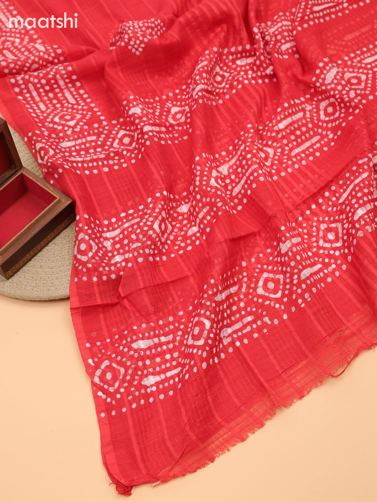 Red Cotton Dress Material With Bandhini Prints & Embroidery Work and Bottom & Dupatta