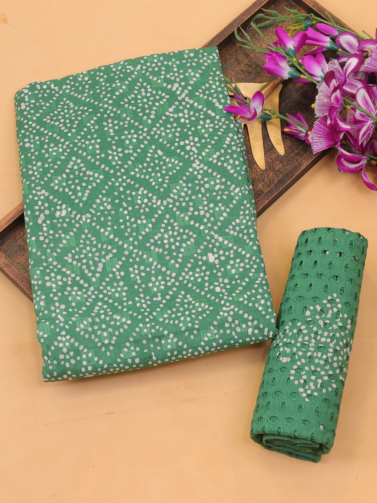 Green Cotton Dress Material With Bandhini Prints & Embroidery Work and Bottom & Dupatta