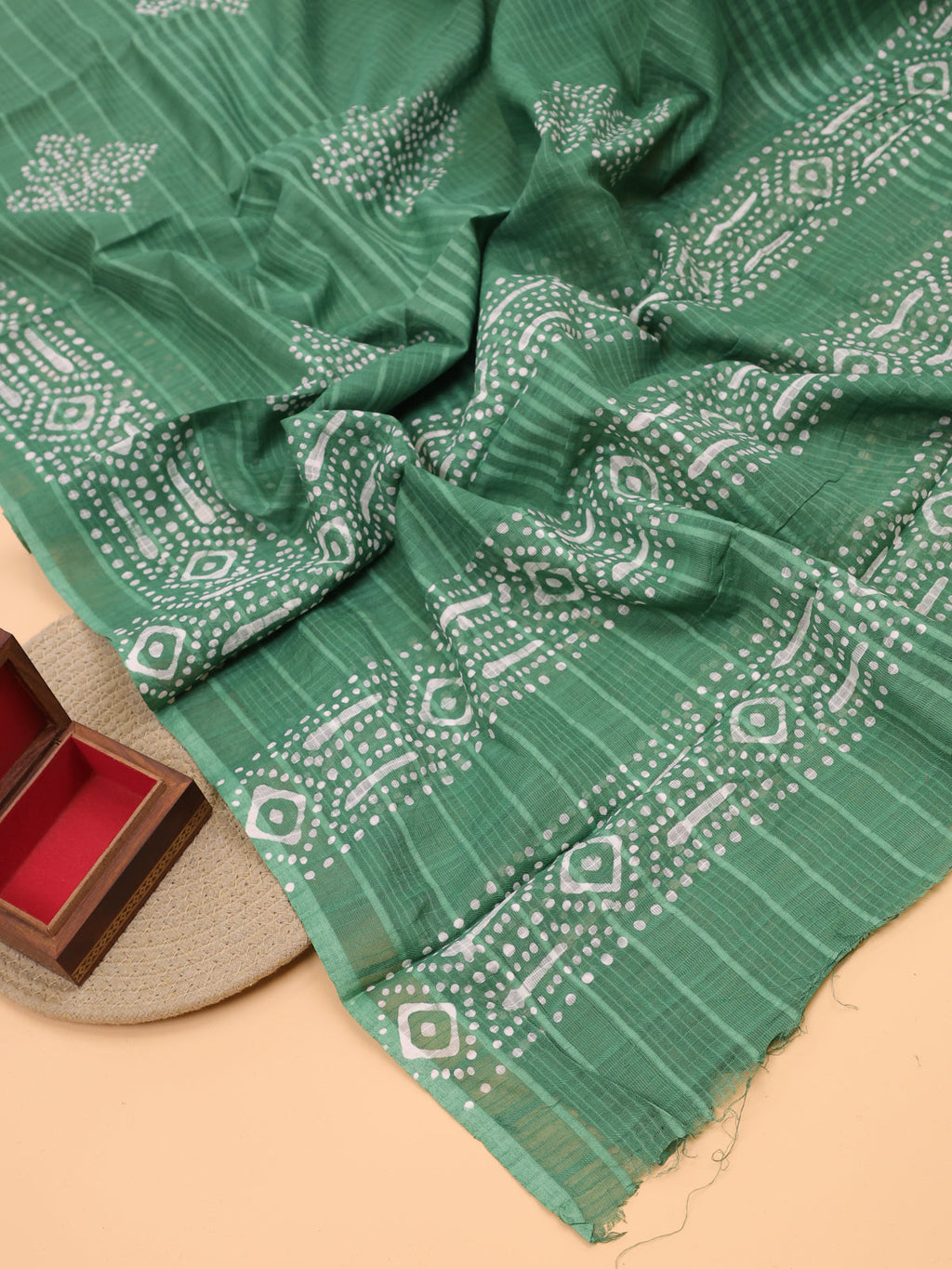 Green Cotton Dress Material With Bandhini Prints & Embroidery Work and Bottom & Dupatta