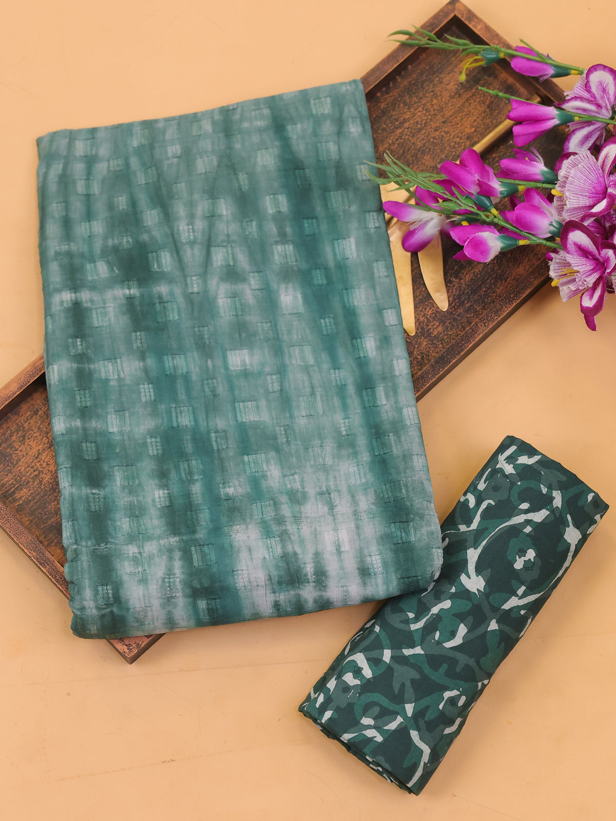 Green and Off White Cotton Dress Material With Tie-Dye Prints and Bottom & Dupatta