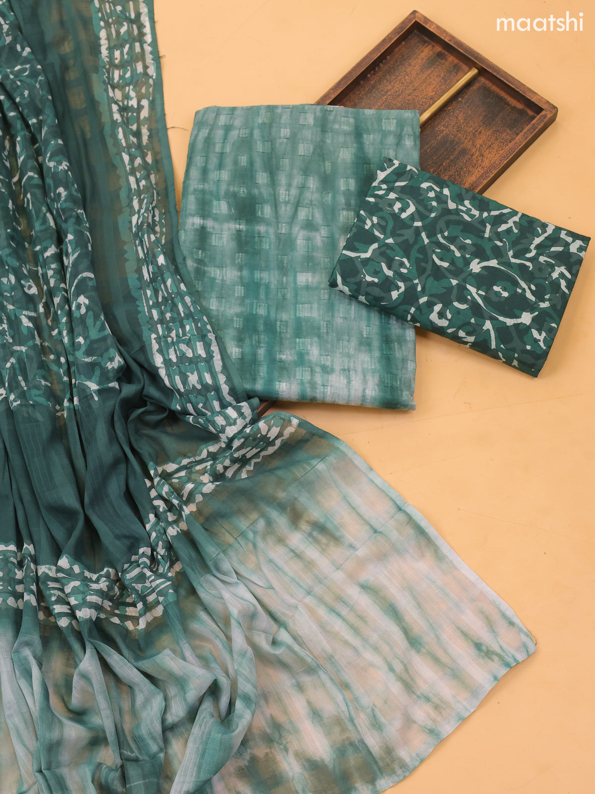 Green and Off White Cotton Dress Material With Tie-Dye Prints and Bottom & Dupatta