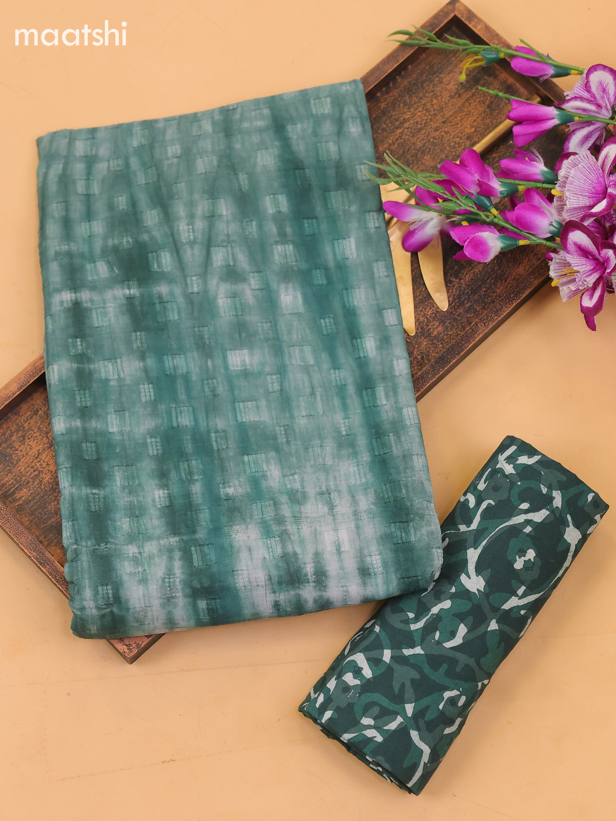 Green and Off White Cotton Dress Material With Tie-Dye Prints and Bottom & Dupatta