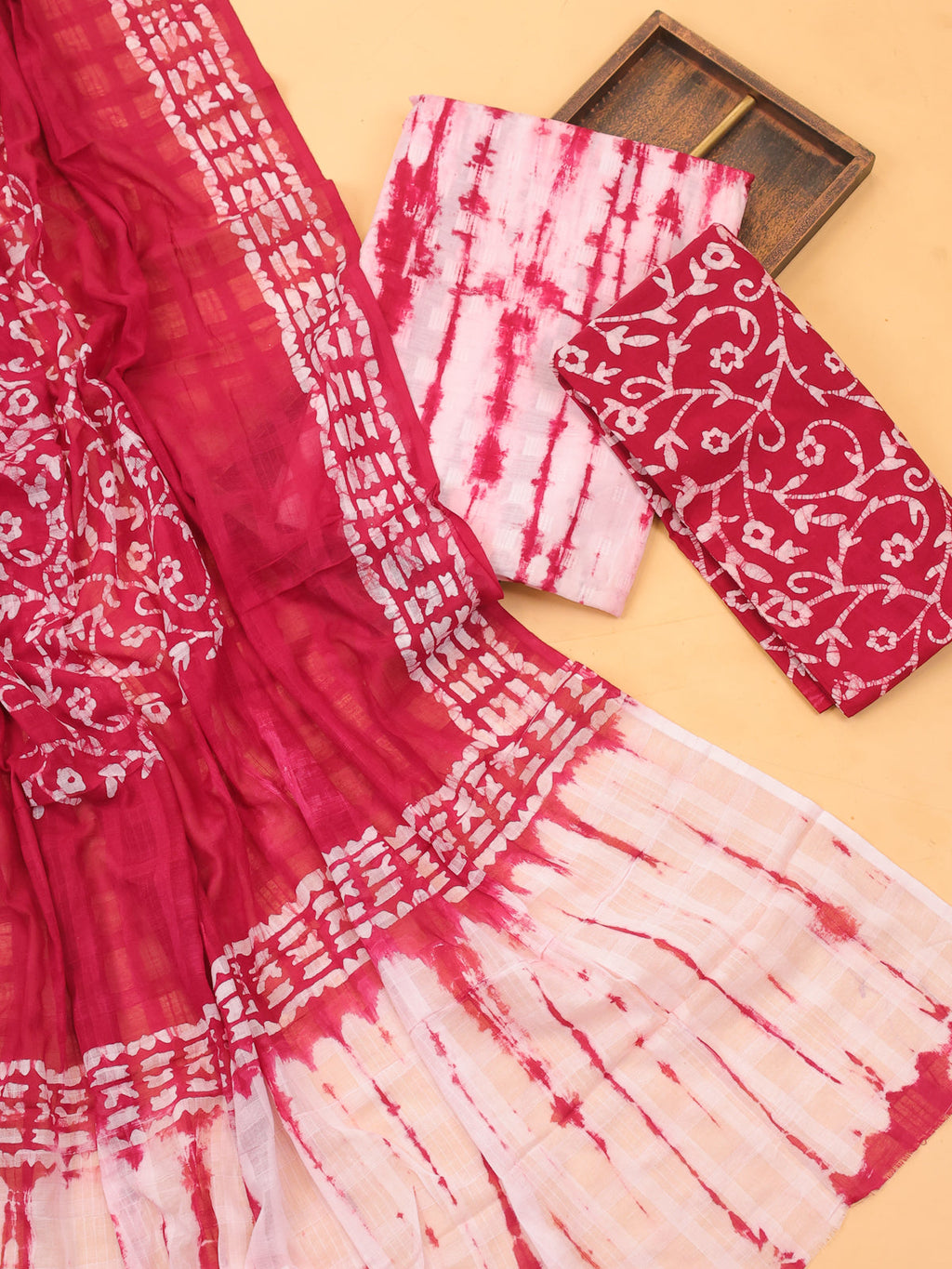 Red and Off White Cotton Dress Material With Tie-Dye Prints and Bottom & Dupatta
