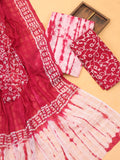 Red and Off White Cotton Dress Material With Tie-Dye Prints and Bottom & Dupatta
