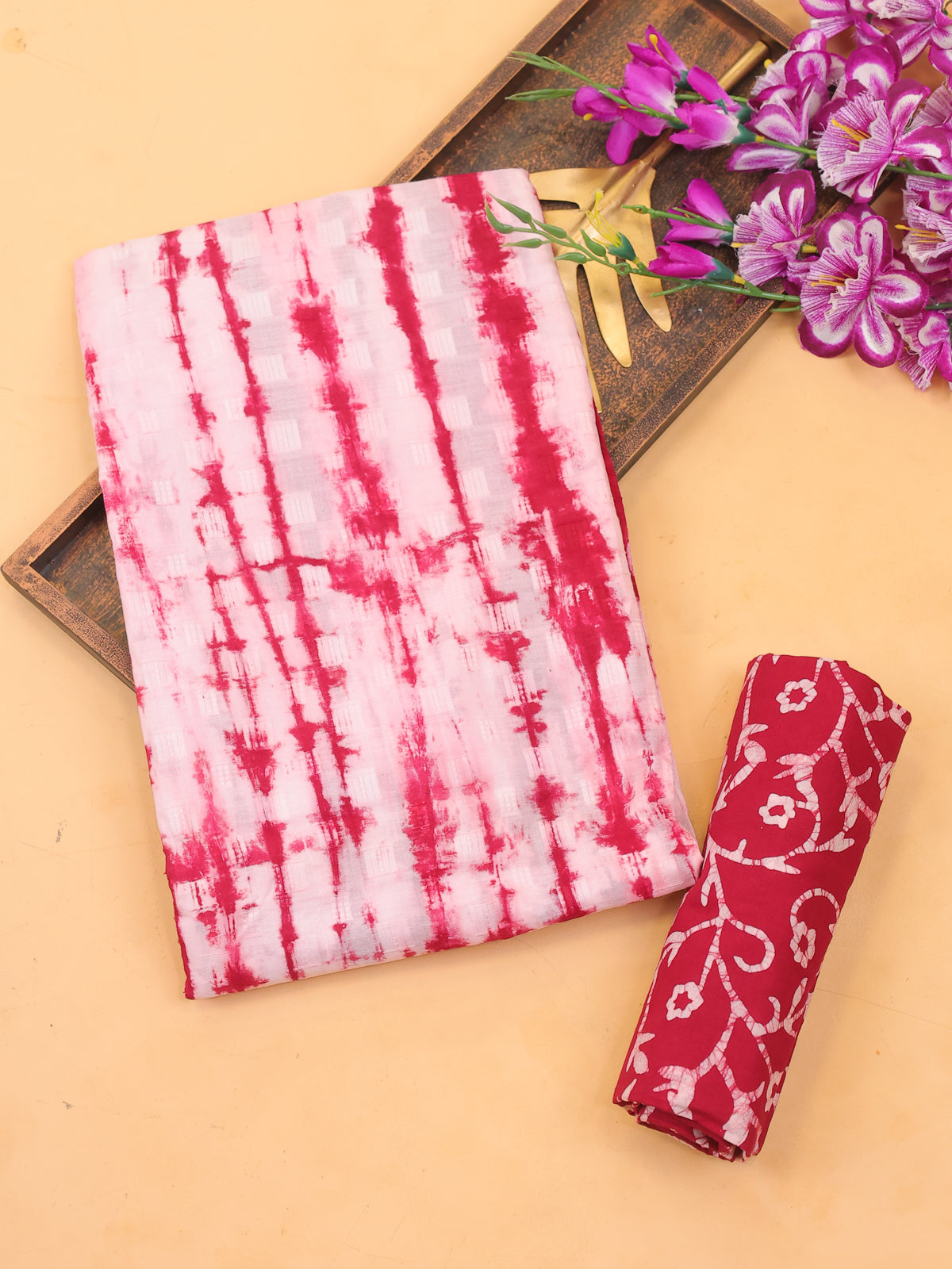 Red and Off White Cotton Dress Material With Tie-Dye Prints and Bottom & Dupatta