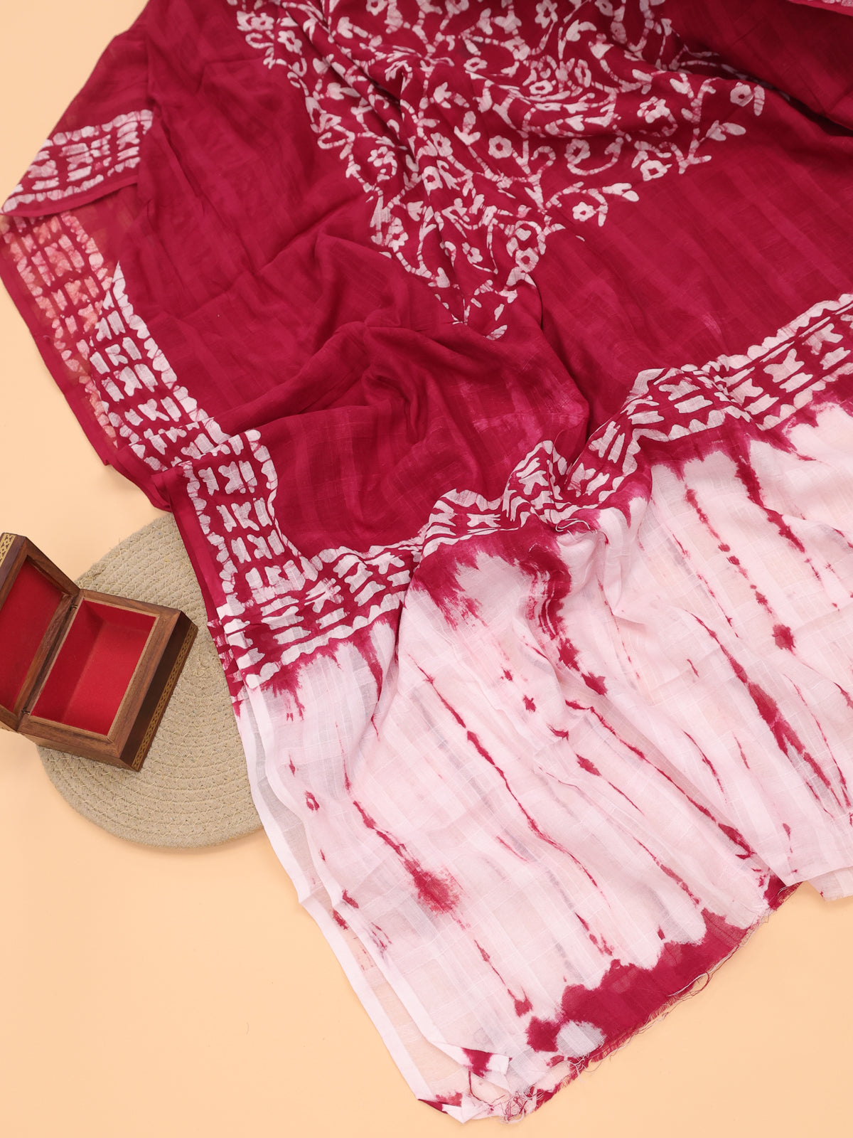 Red and Off White Cotton Dress Material With Tie-Dye Prints and Bottom & Dupatta