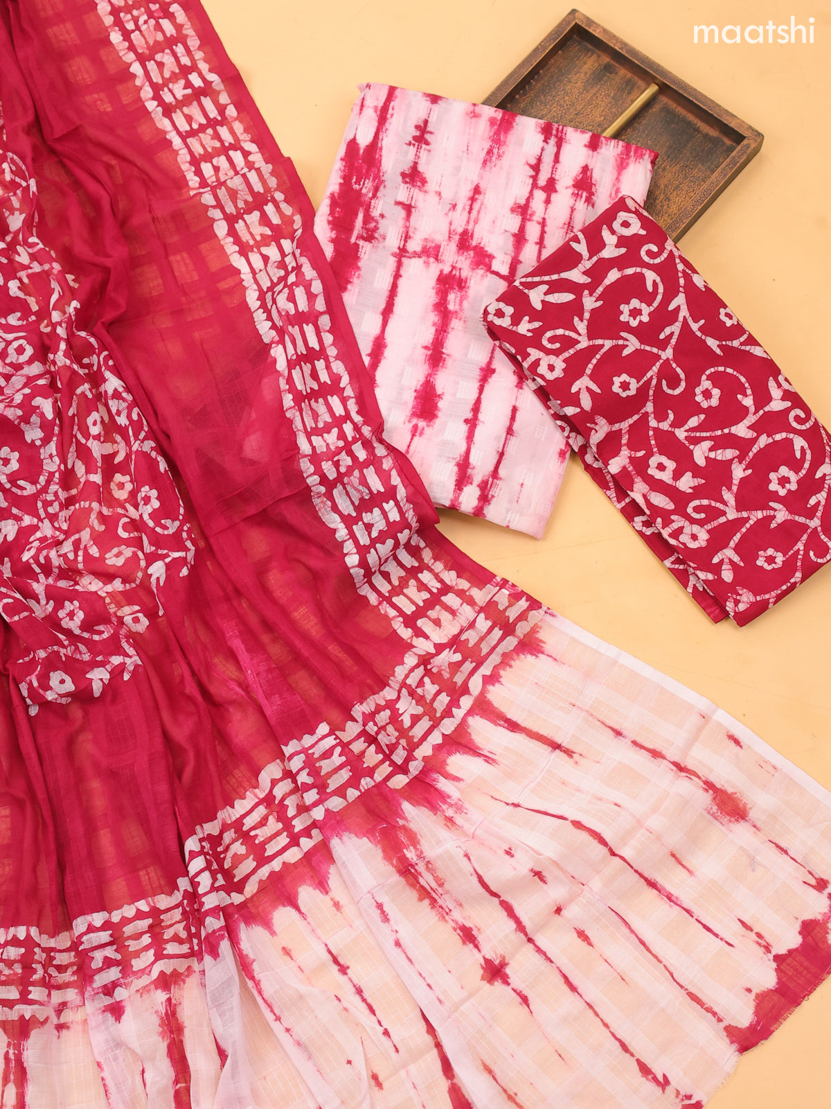 Red and Off White Cotton Dress Material With Tie-Dye Prints and Bottom & Dupatta