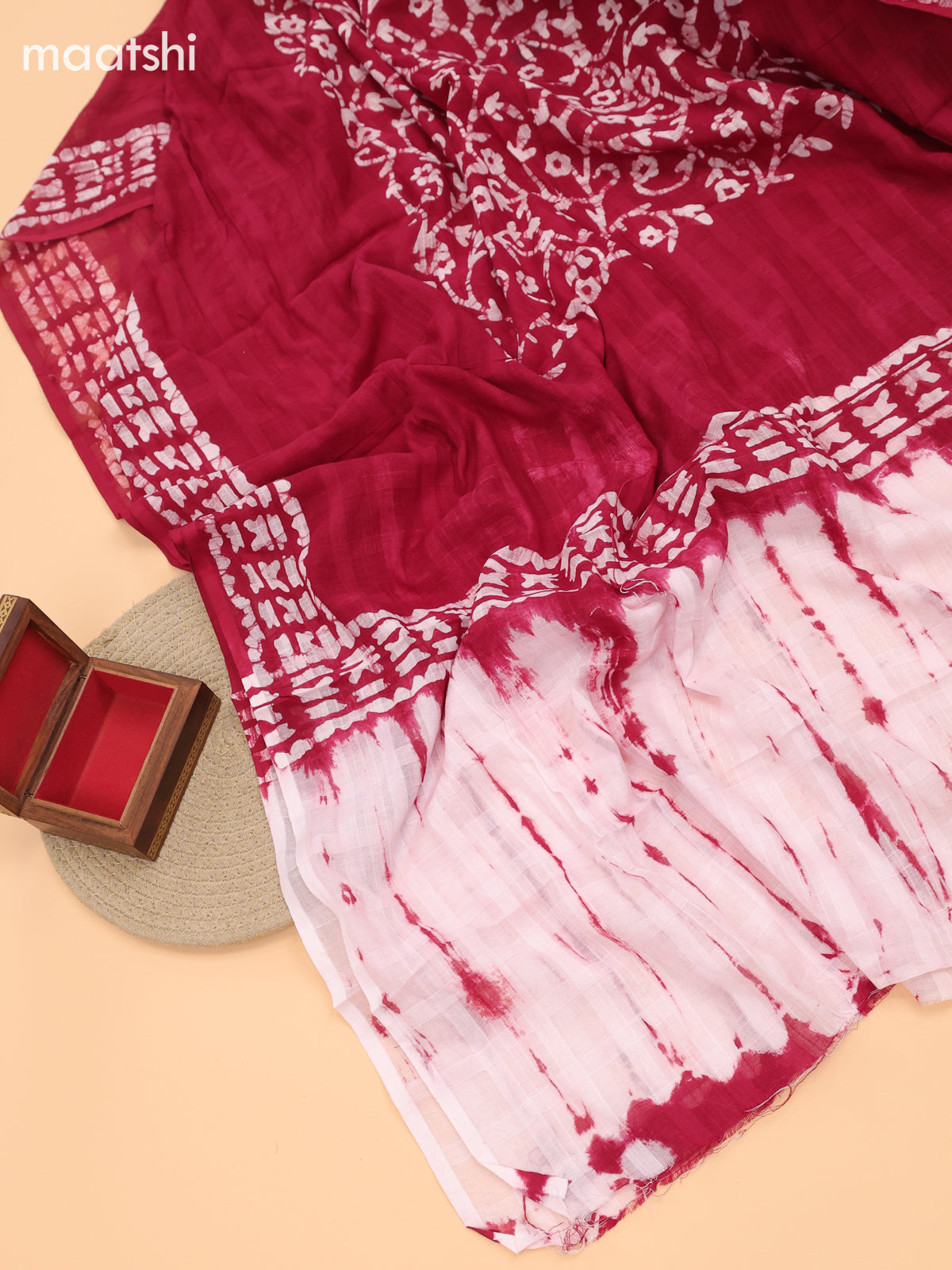 Red and Off White Cotton Dress Material With Tie-Dye Prints and Bottom & Dupatta