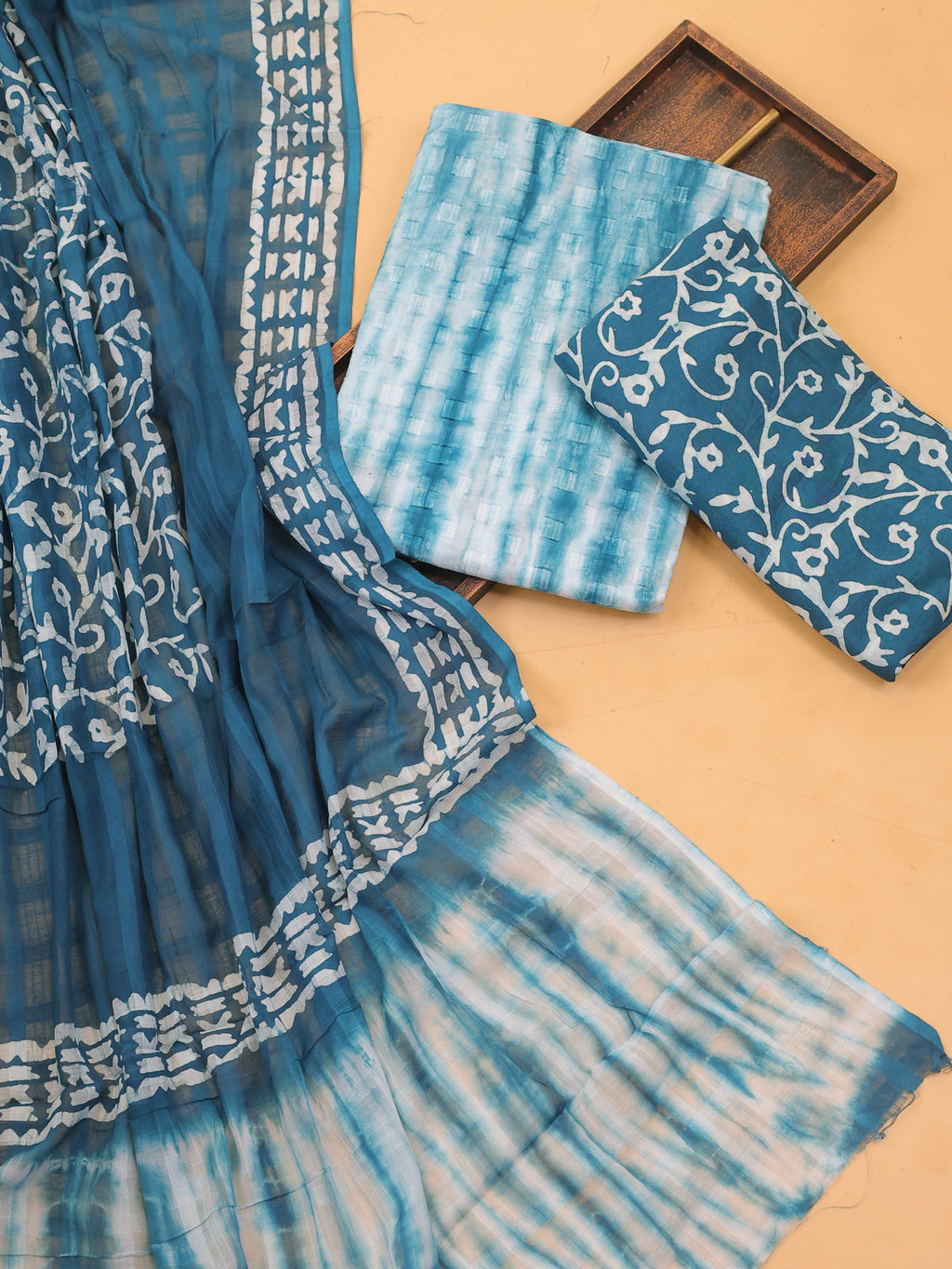 Teal Blue and Off White Cotton Dress Material With Tie-Dye Prints and Bottom & Dupatta