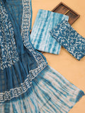 Teal Blue and Off White Cotton Dress Material With Tie-Dye Prints and Bottom & Dupatta