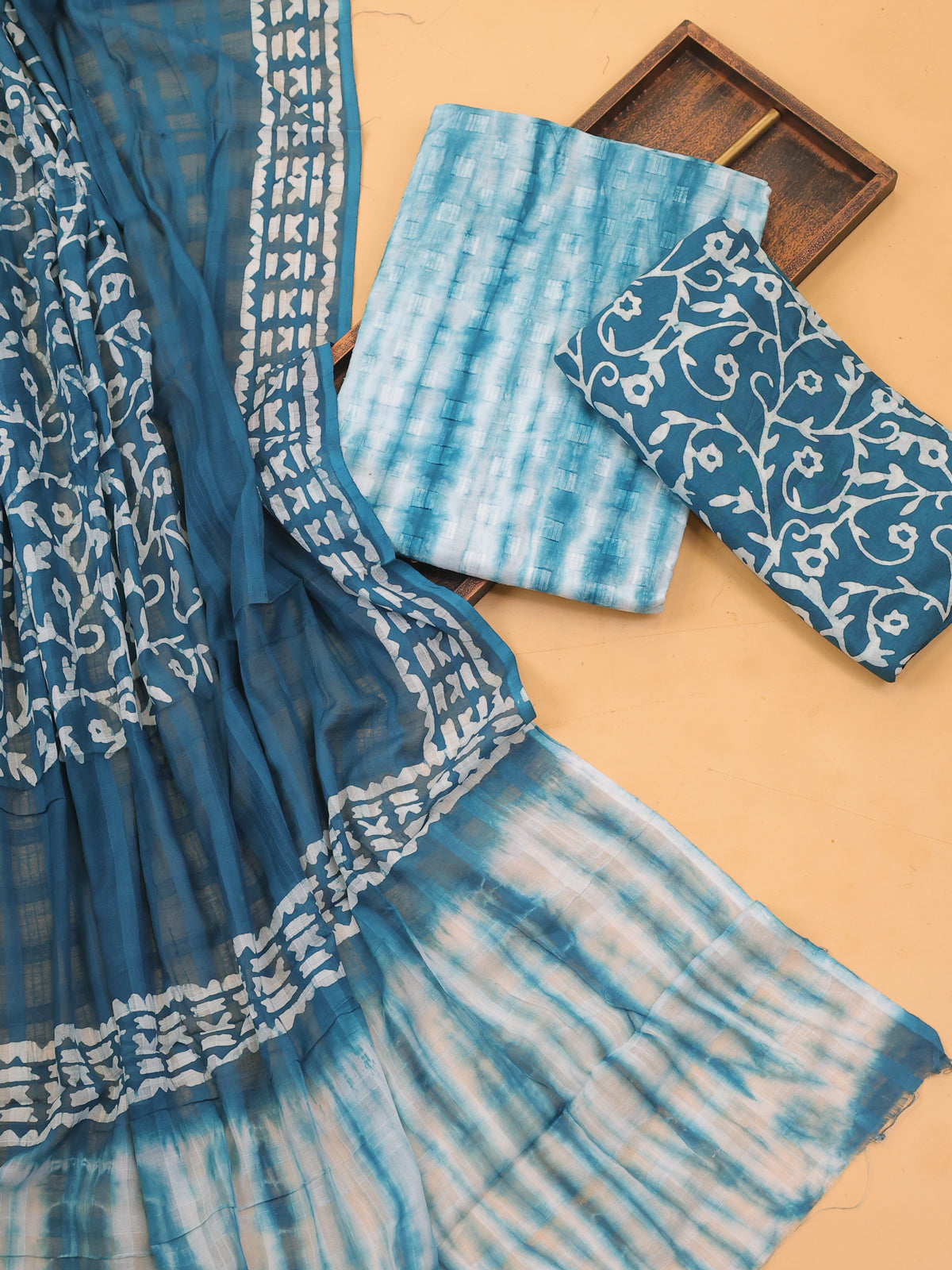 Teal Blue and Off White Cotton Dress Material With Tie-Dye Prints and Bottom & Dupatta