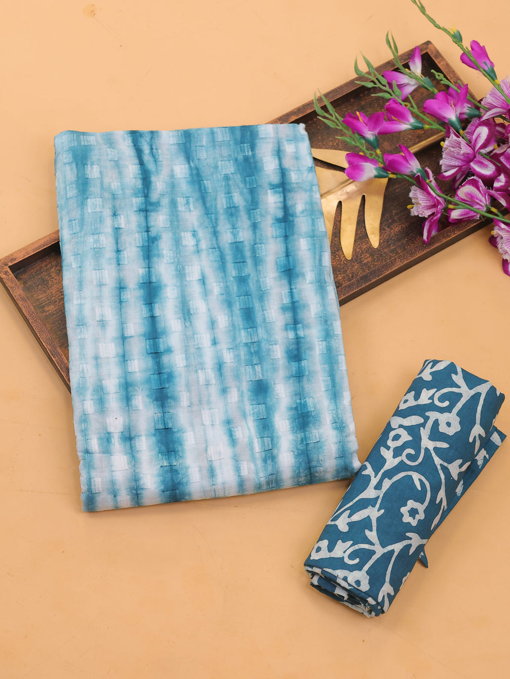 Teal Blue and Off White Cotton Dress Material With Tie-Dye Prints and Bottom & Dupatta