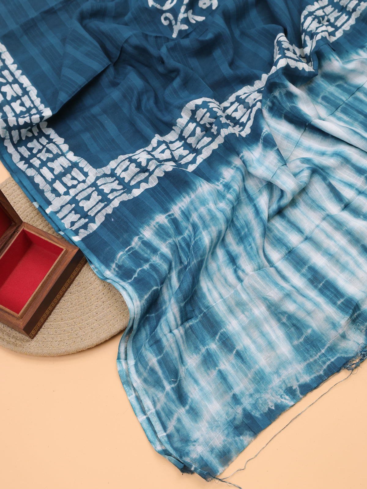 Teal Blue and Off White Cotton Dress Material With Tie-Dye Prints and Bottom & Dupatta