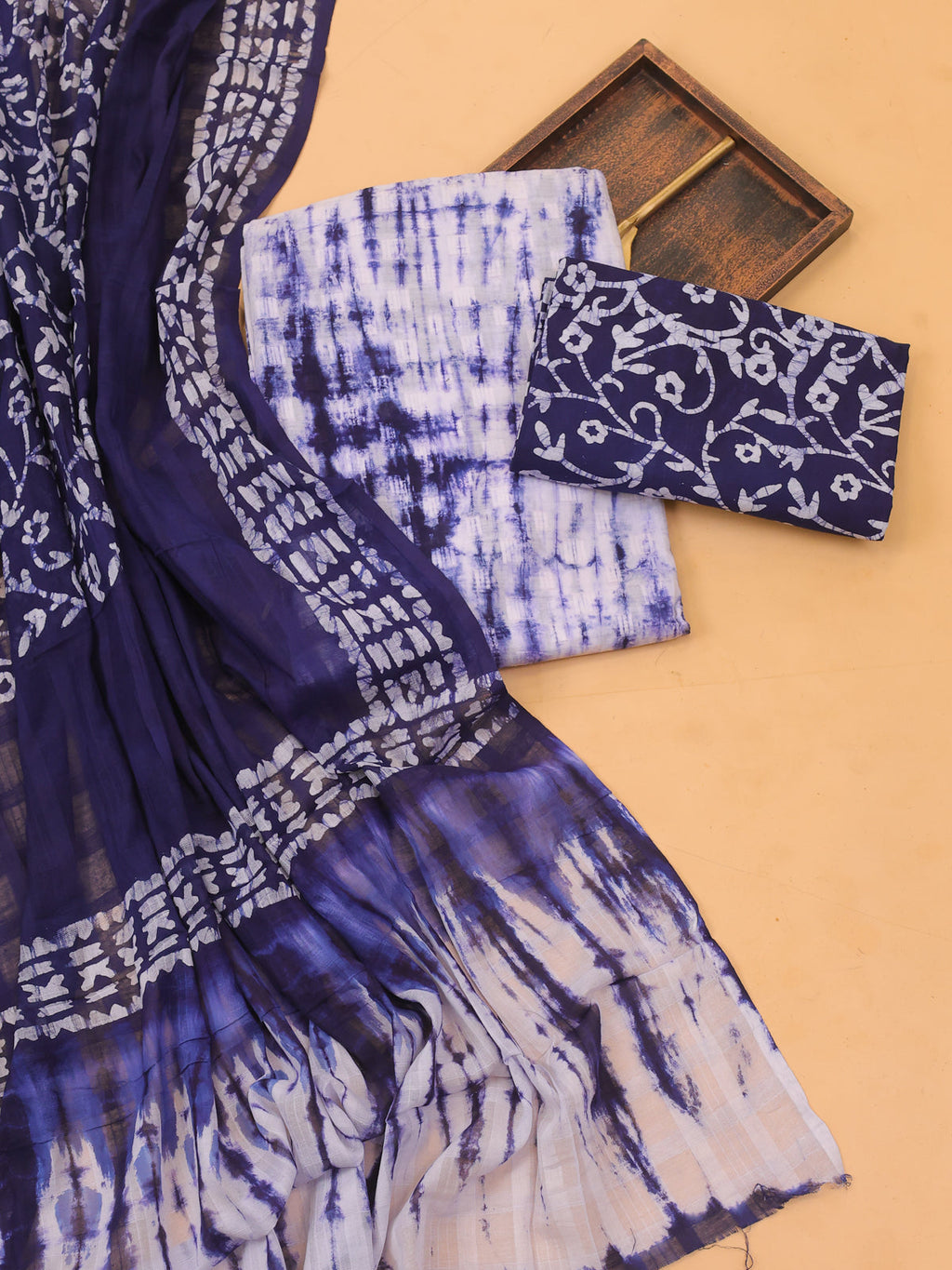 Navy Blue and Off White Cotton Dress Material With Tie-Dye Prints and Bottom & Dupatta