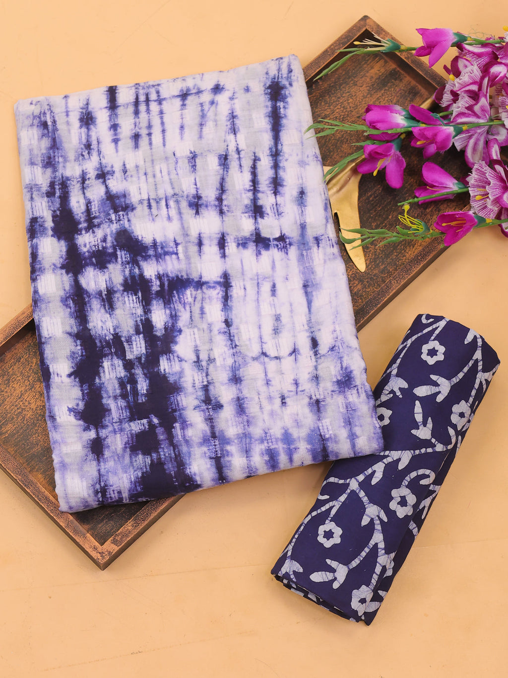 Navy Blue and Off White Cotton Dress Material With Tie-Dye Prints and Bottom & Dupatta