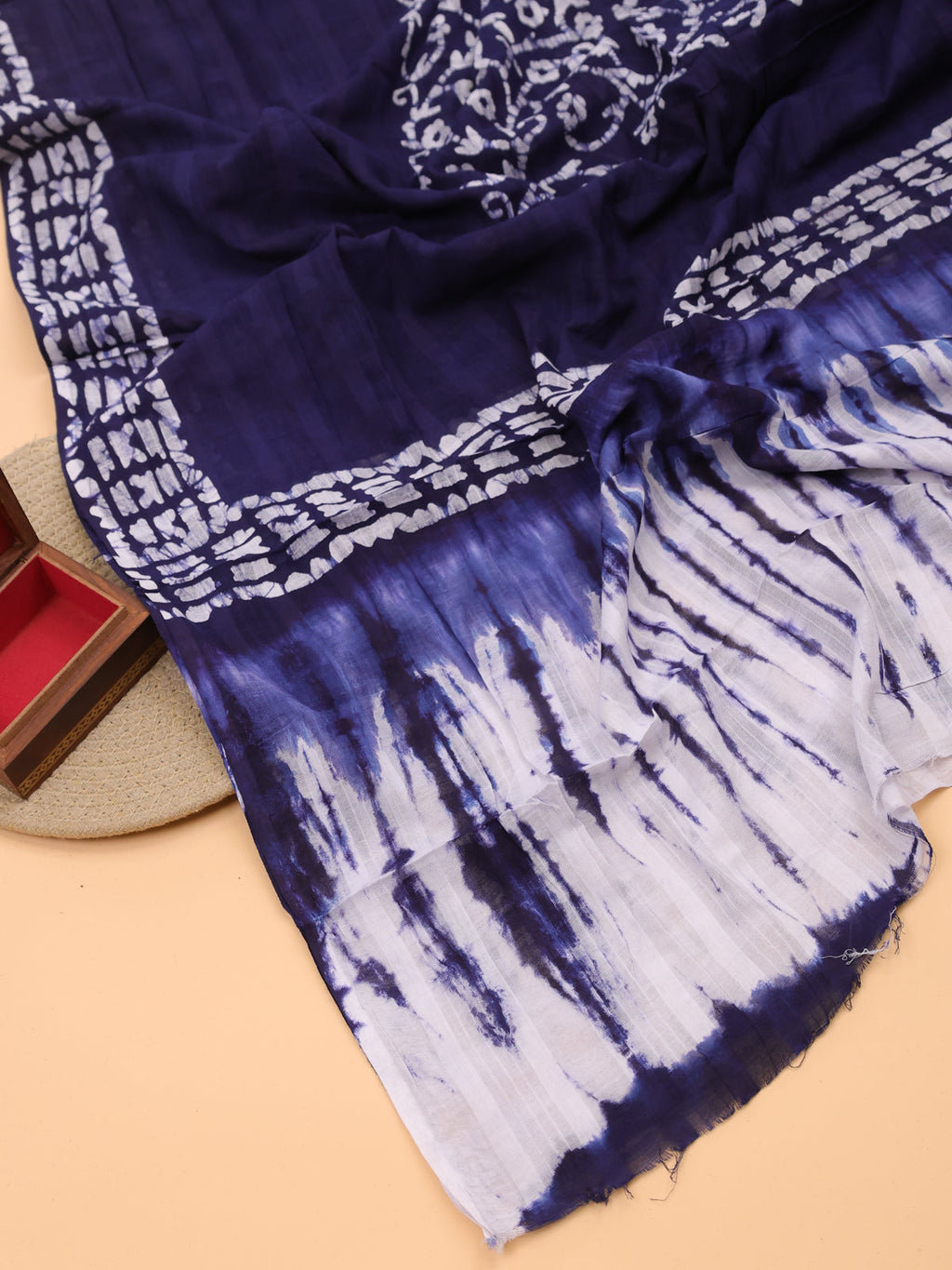 Navy Blue and Off White Cotton Dress Material With Tie-Dye Prints and Bottom & Dupatta