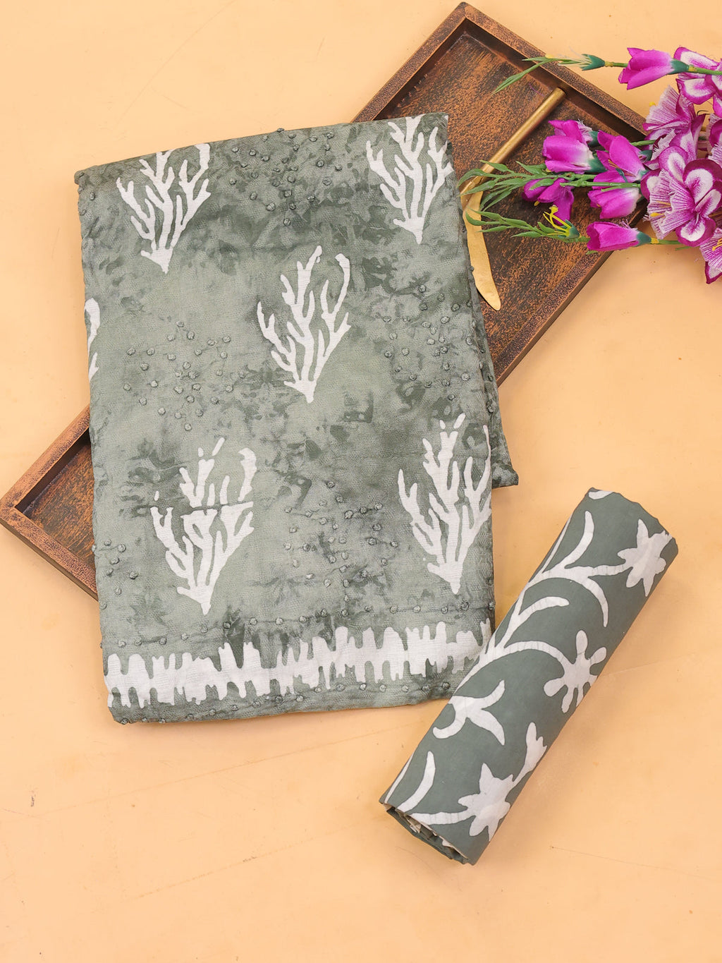 Green Cotton Dress Material With Batik Prints & French Knot Work Pattern and Bottom & Dupatta
