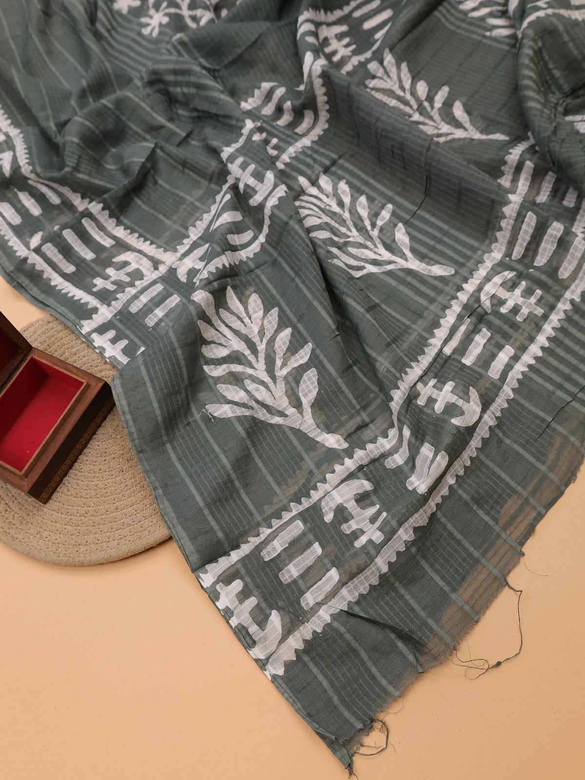 Green Cotton Dress Material With Batik Prints & French Knot Work Pattern and Bottom & Dupatta