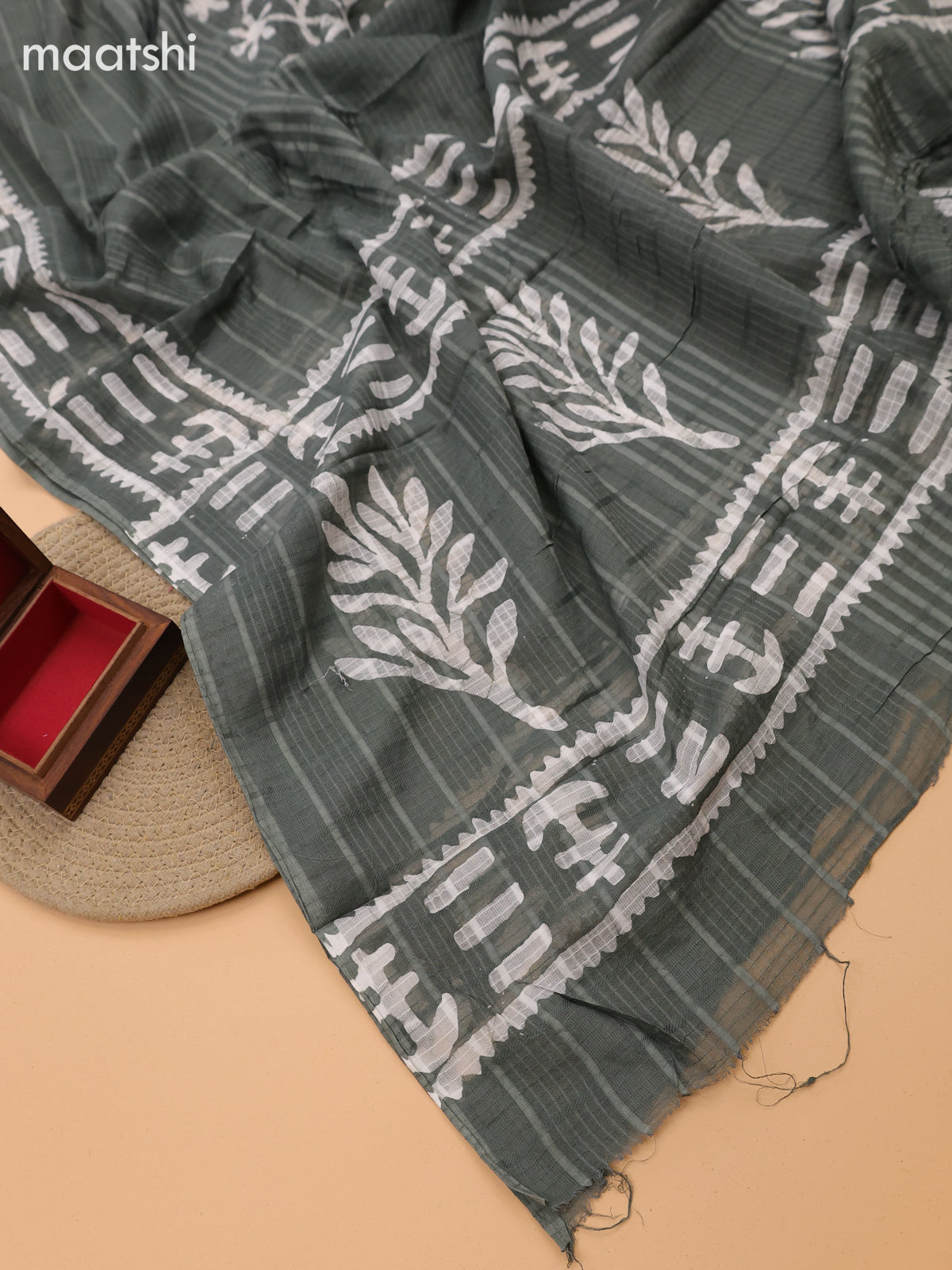 Green Cotton Dress Material With Batik Prints & French Knot Work Pattern and Bottom & Dupatta