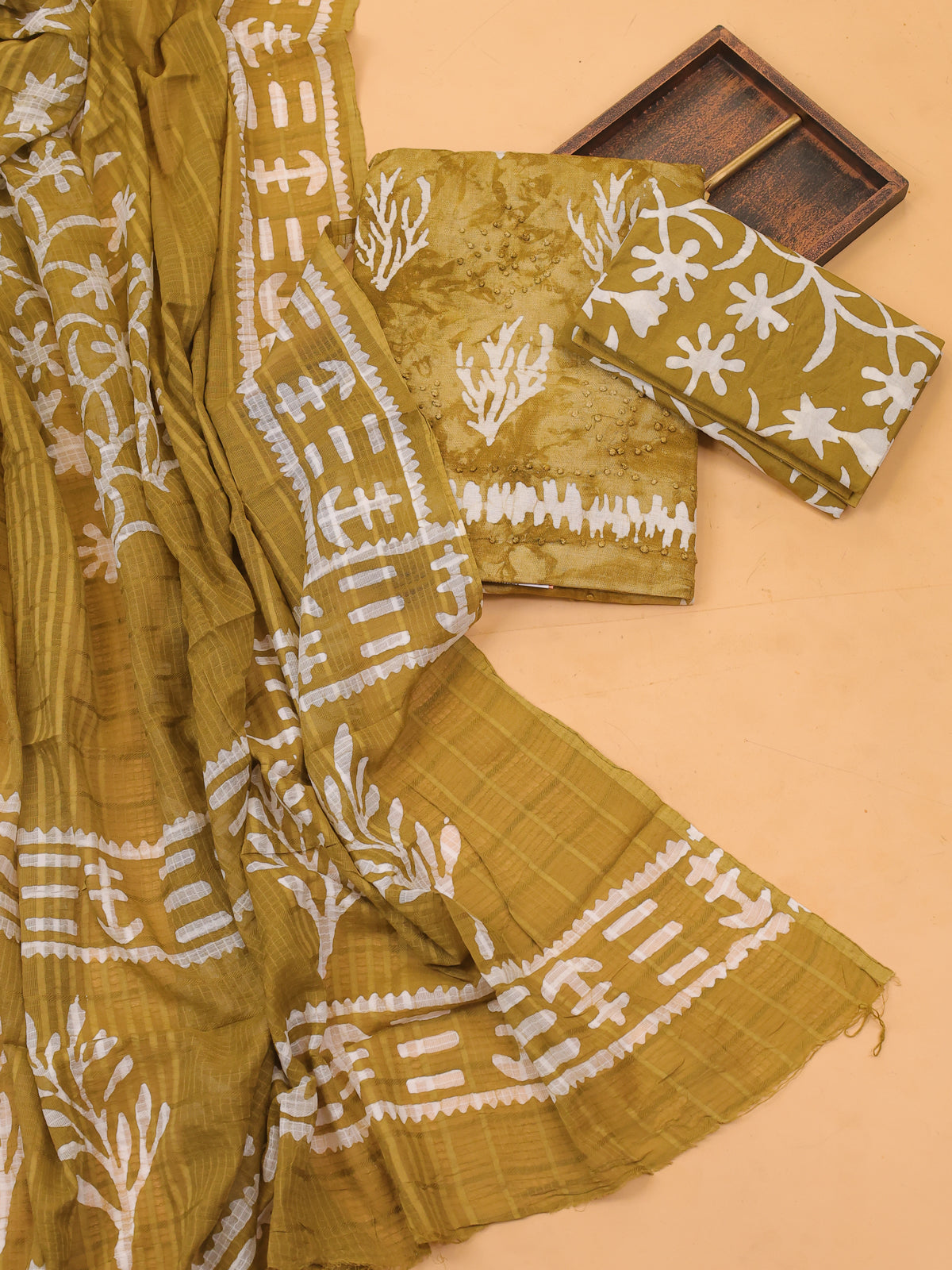 Mustard Yellow Cotton Dress Material With Batik Prints & French Knot Work Pattern and Bottom & Dupatta