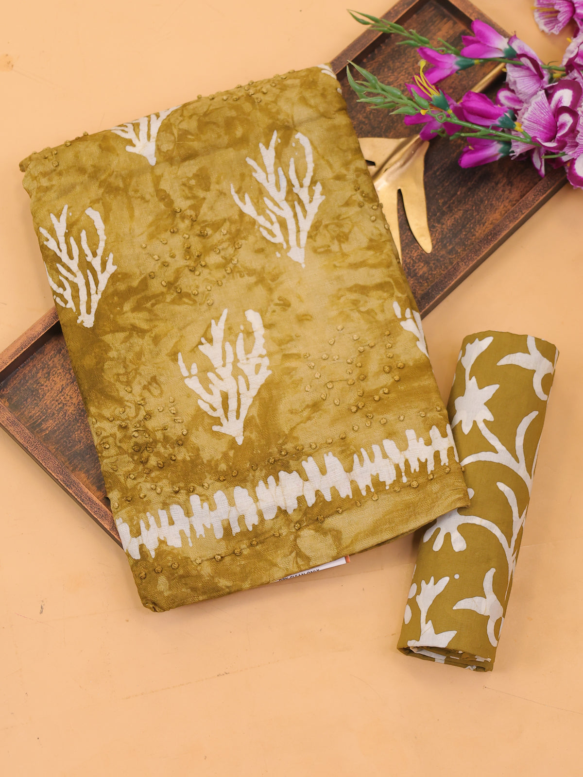 Mustard Yellow Cotton Dress Material With Batik Prints & French Knot Work Pattern and Bottom & Dupatta