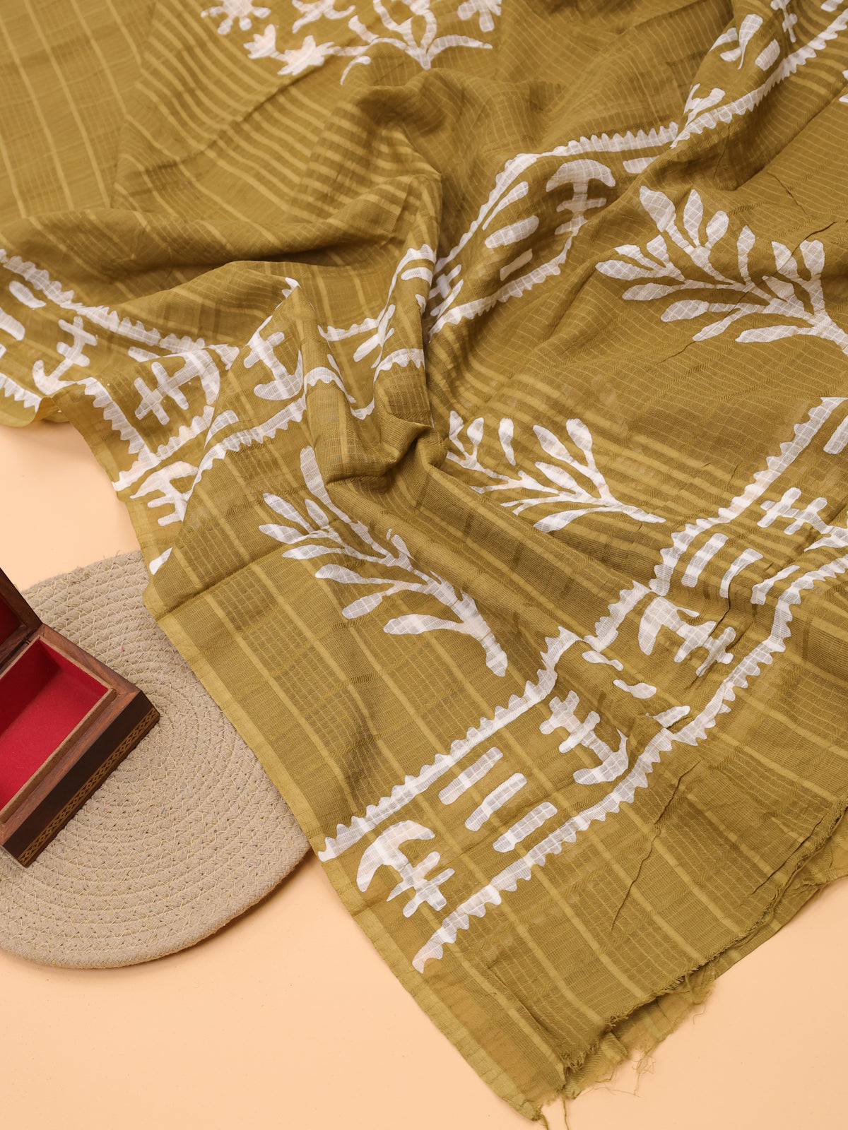 Mustard Yellow Cotton Dress Material With Batik Prints & French Knot Work Pattern and Bottom & Dupatta