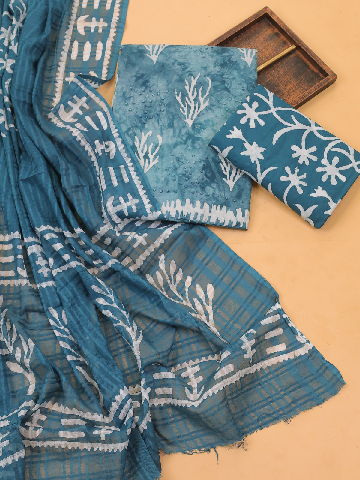 Blue Cotton Dress Material With Batik Prints & French Knot Work Pattern and Bottom & Dupatta