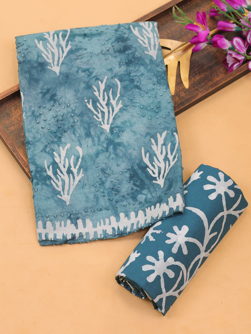 Blue Cotton Dress Material With Batik Prints & French Knot Work Pattern and Bottom & Dupatta