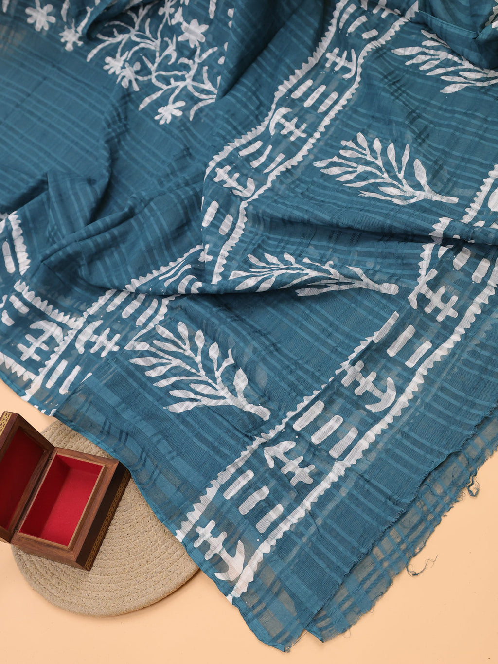 Blue Cotton Dress Material With Batik Prints & French Knot Work Pattern and Bottom & Dupatta