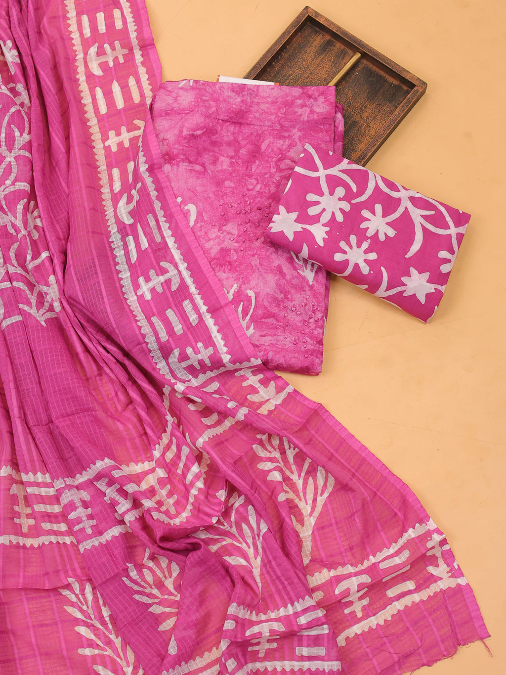 Pink Cotton Dress Material With Batik Prints & French Knot Work Pattern and Bottom & Dupatta