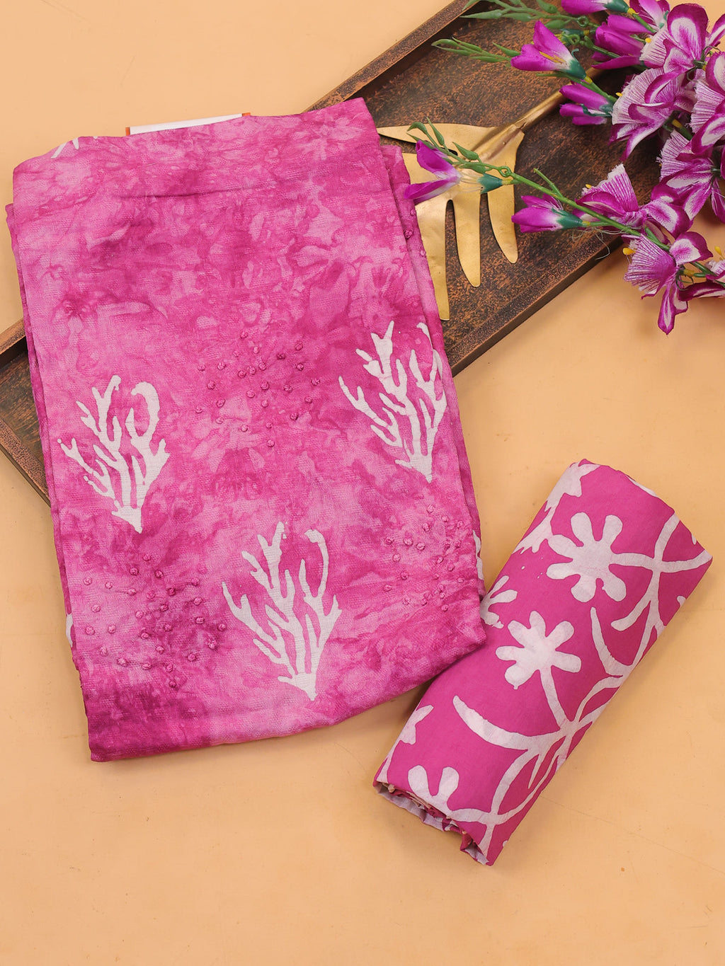 Pink Cotton Dress Material With Batik Prints & French Knot Work Pattern and Bottom & Dupatta