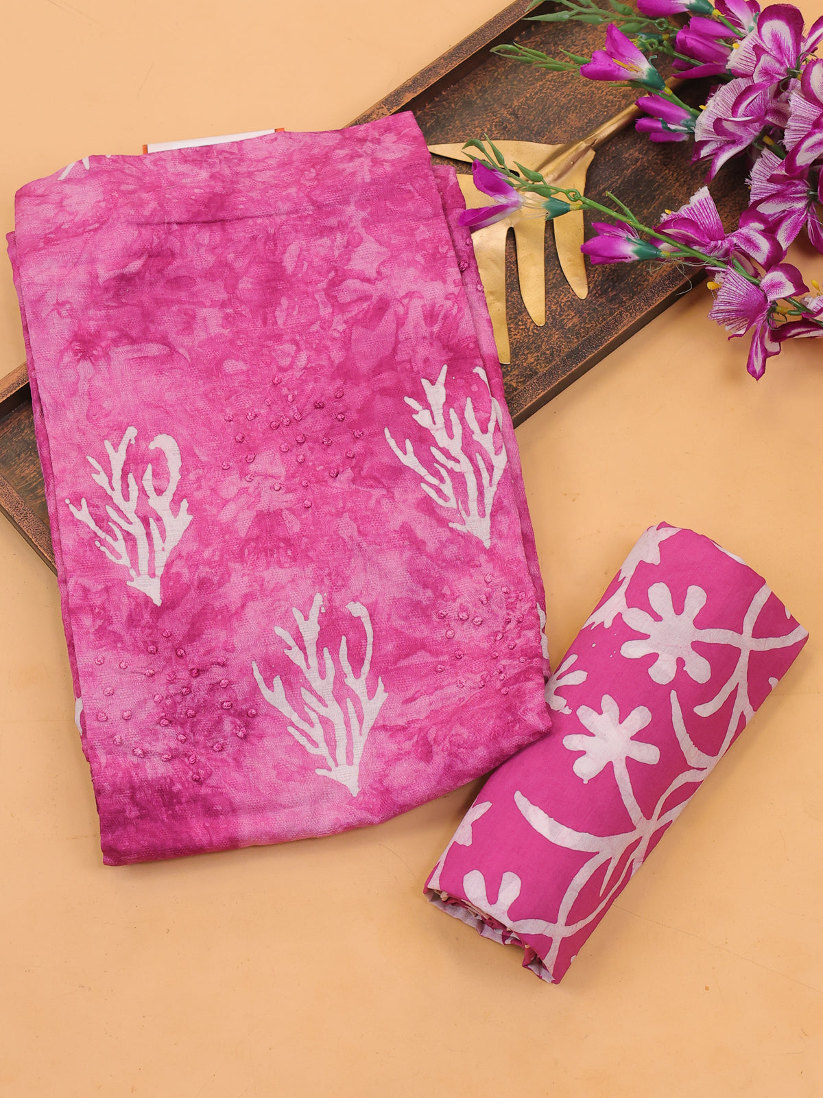 Pink Cotton Dress Material With Batik Prints & French Knot Work Pattern and Bottom & Dupatta