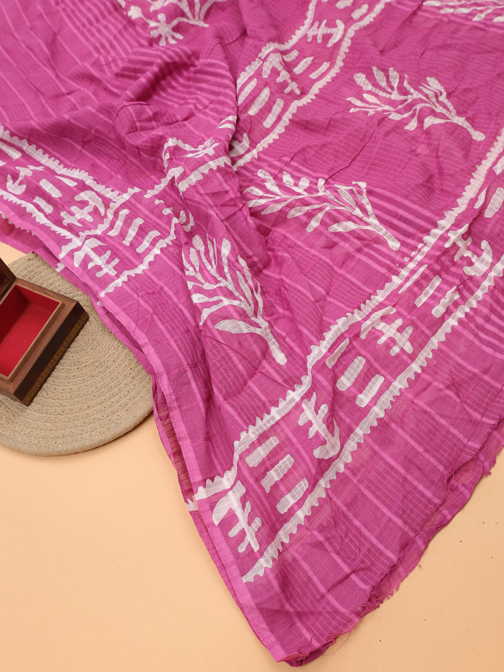 Pink Cotton Dress Material With Batik Prints & French Knot Work Pattern and Bottom & Dupatta