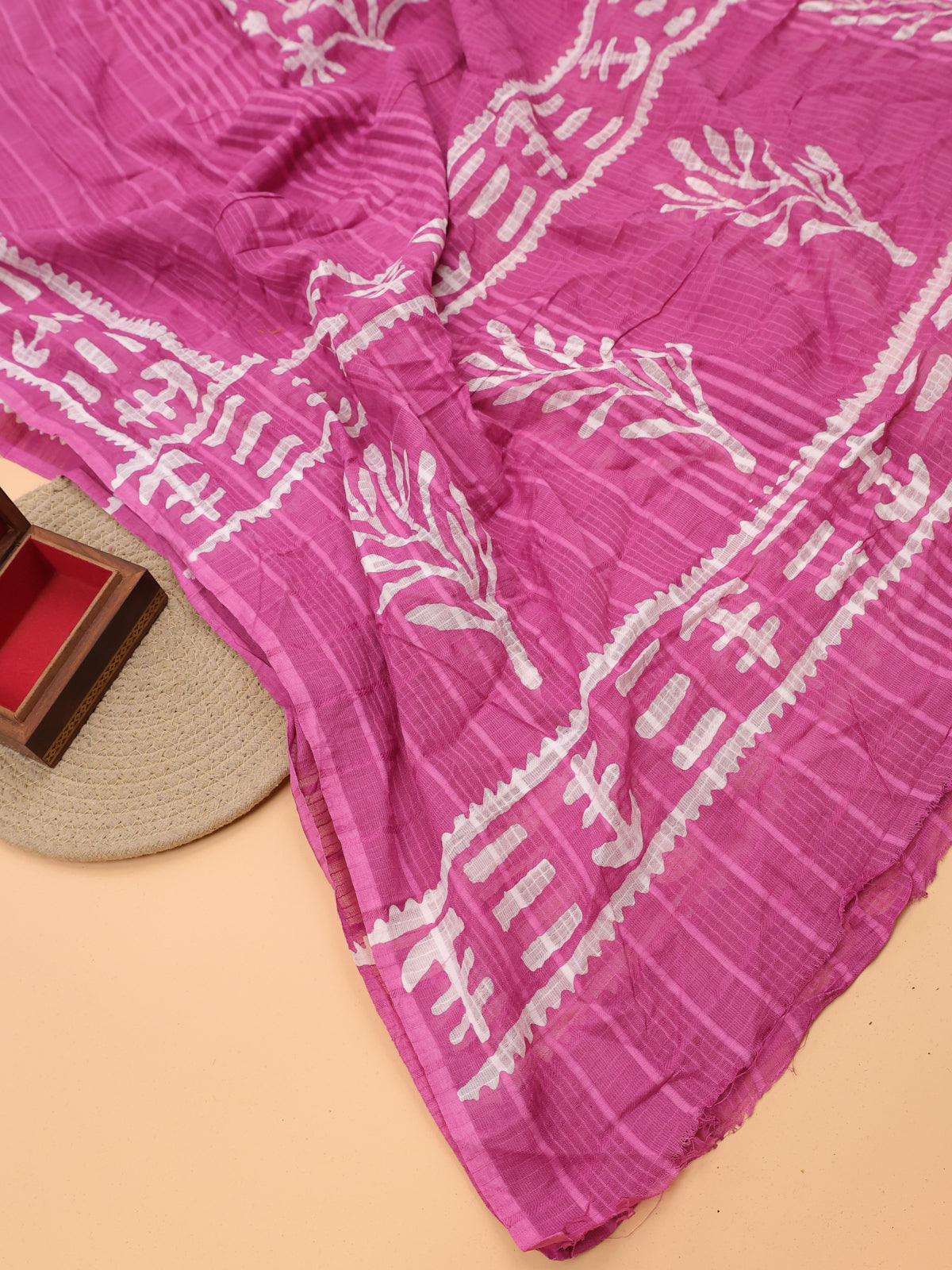 Pink Cotton Dress Material With Batik Prints & French Knot Work Pattern and Bottom & Dupatta