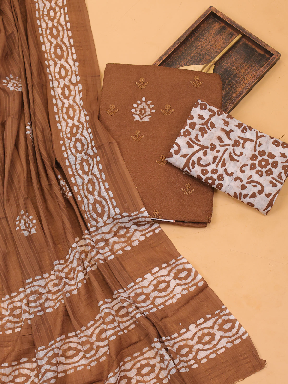 Brown Cotton Dress Material With Batik Prints & Embroidery Work Pattern and Bottom & Dupatta