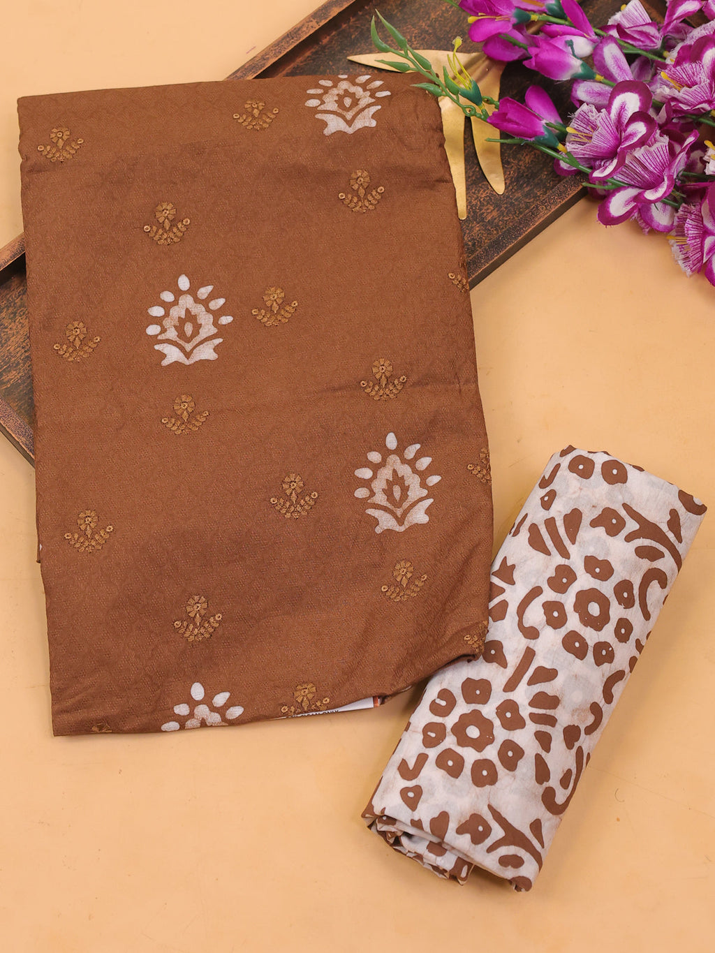 Brown Cotton Dress Material With Batik Prints & Embroidery Work Pattern and Bottom & Dupatta