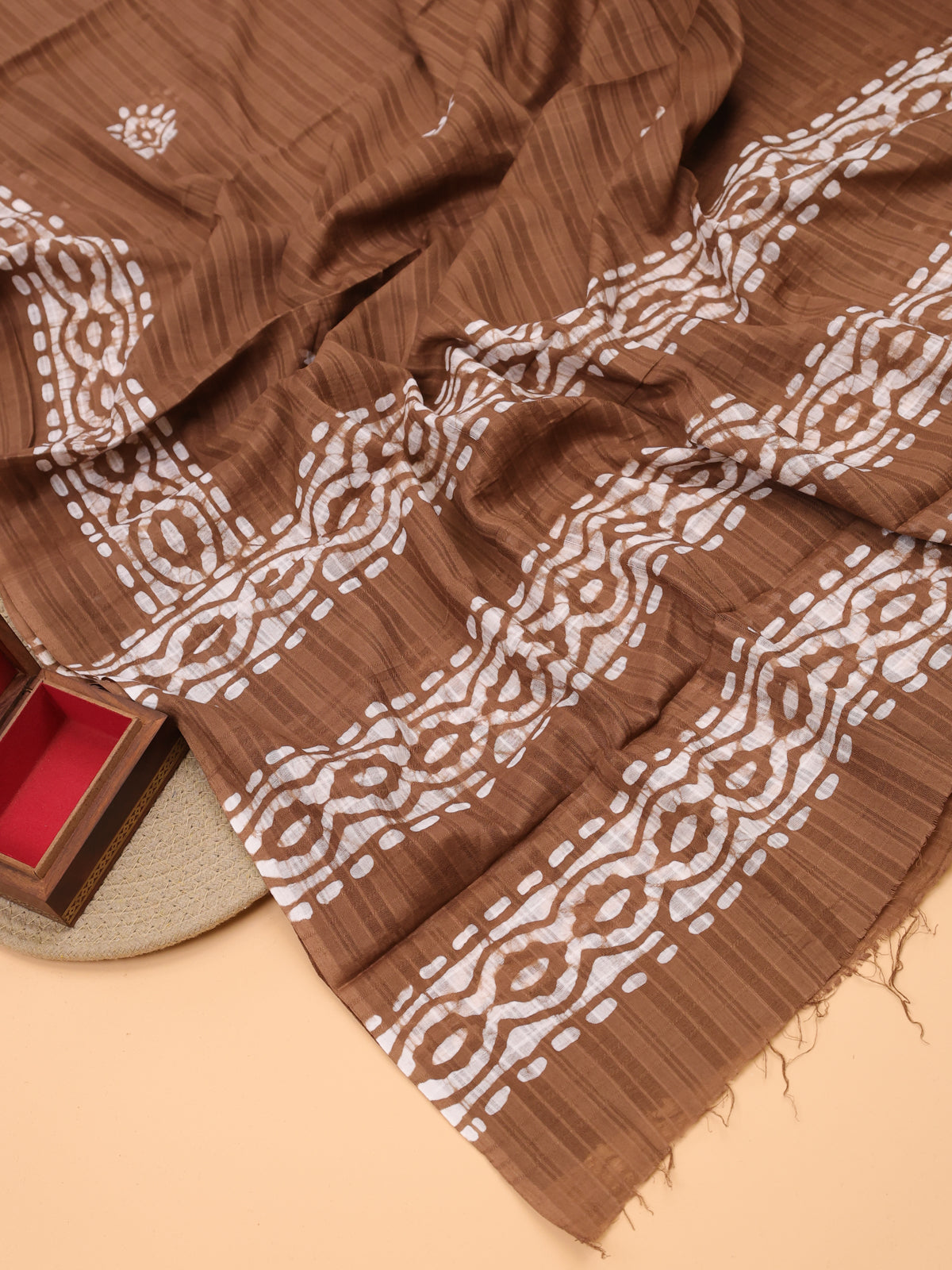 Brown Cotton Dress Material With Batik Prints & Embroidery Work Pattern and Bottom & Dupatta