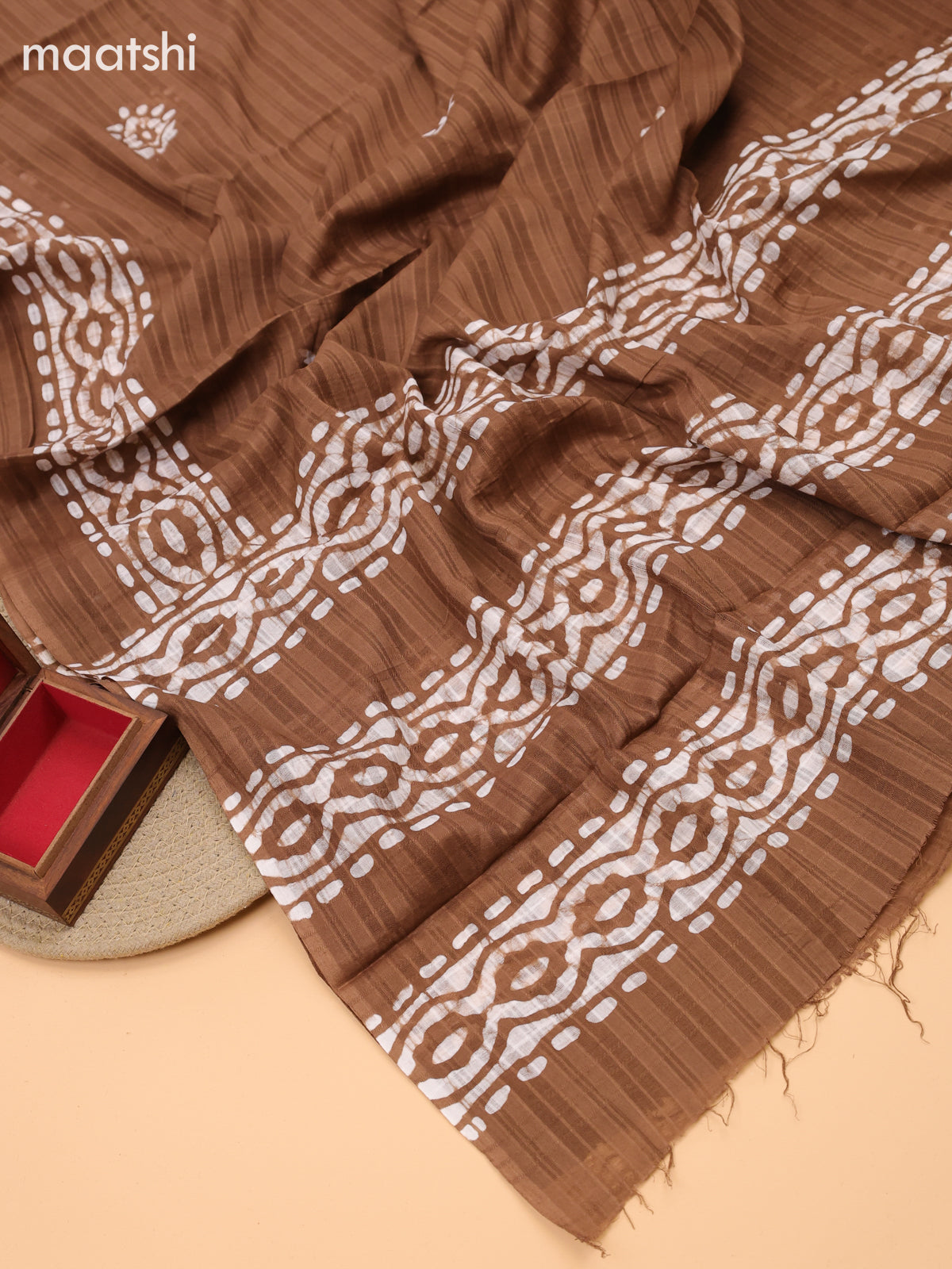 Brown Cotton Dress Material With Batik Prints & Embroidery Work Pattern and Bottom & Dupatta