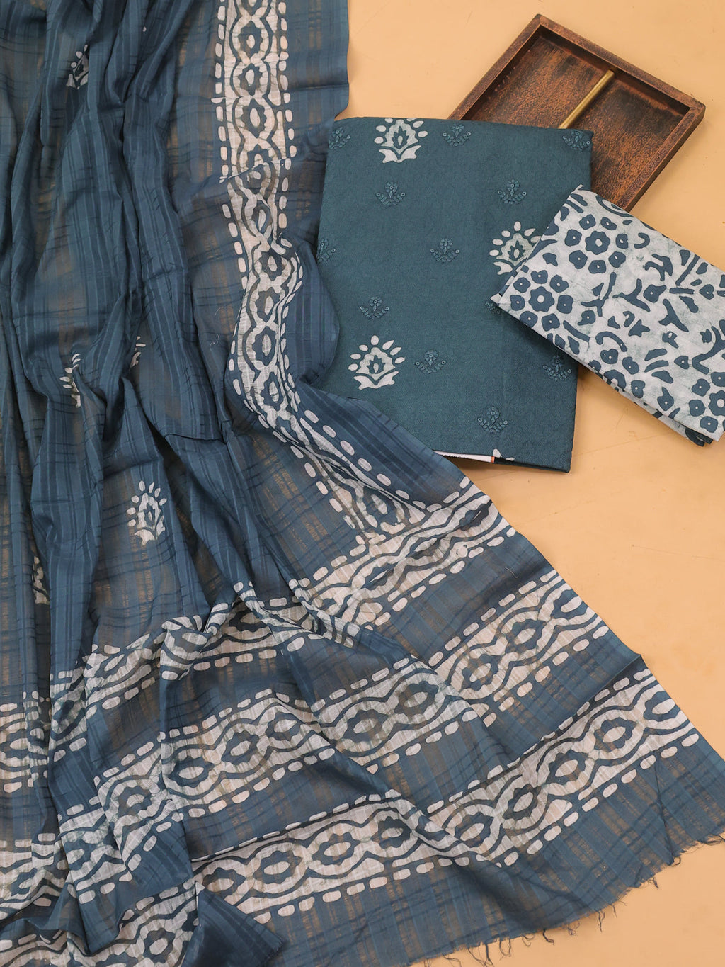 Peacock Green Cotton Dress Material With Batik Prints & Embroidery Work Pattern and Bottom & Dupatta