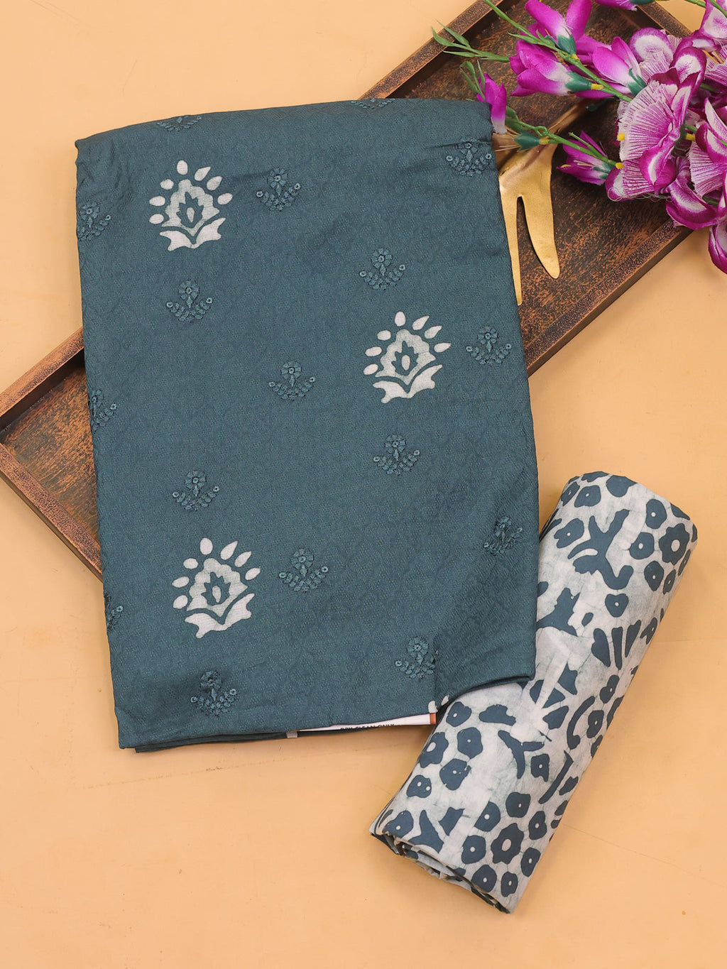 Peacock Green Cotton Dress Material With Batik Prints & Embroidery Work Pattern and Bottom & Dupatta