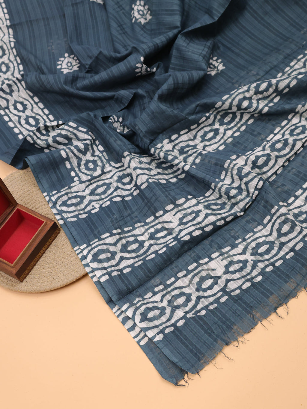 Peacock Green Cotton Dress Material With Batik Prints & Embroidery Work Pattern and Bottom & Dupatta
