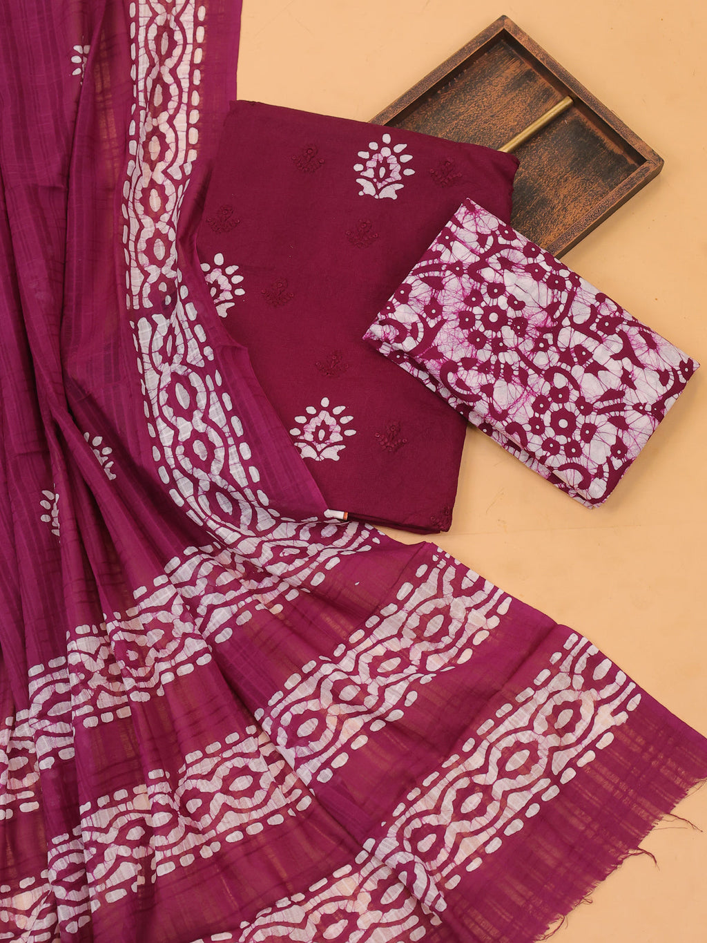 Deep Wine Cotton Dress Material With Batik Prints & Embroidery Work Pattern and Bottom & Dupatta